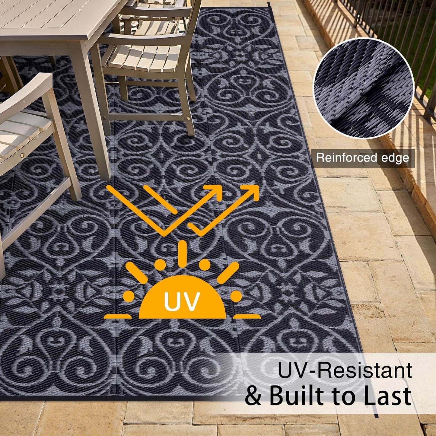 OLANLY Outdoor Rug Waterproof 8x10 ft Clearance, Reversible Outdoor Plastic Straw Rug with Floral Pattern, RV Mat for Patio, Camping, Balcony, Deck, Backyard, Black & Grey