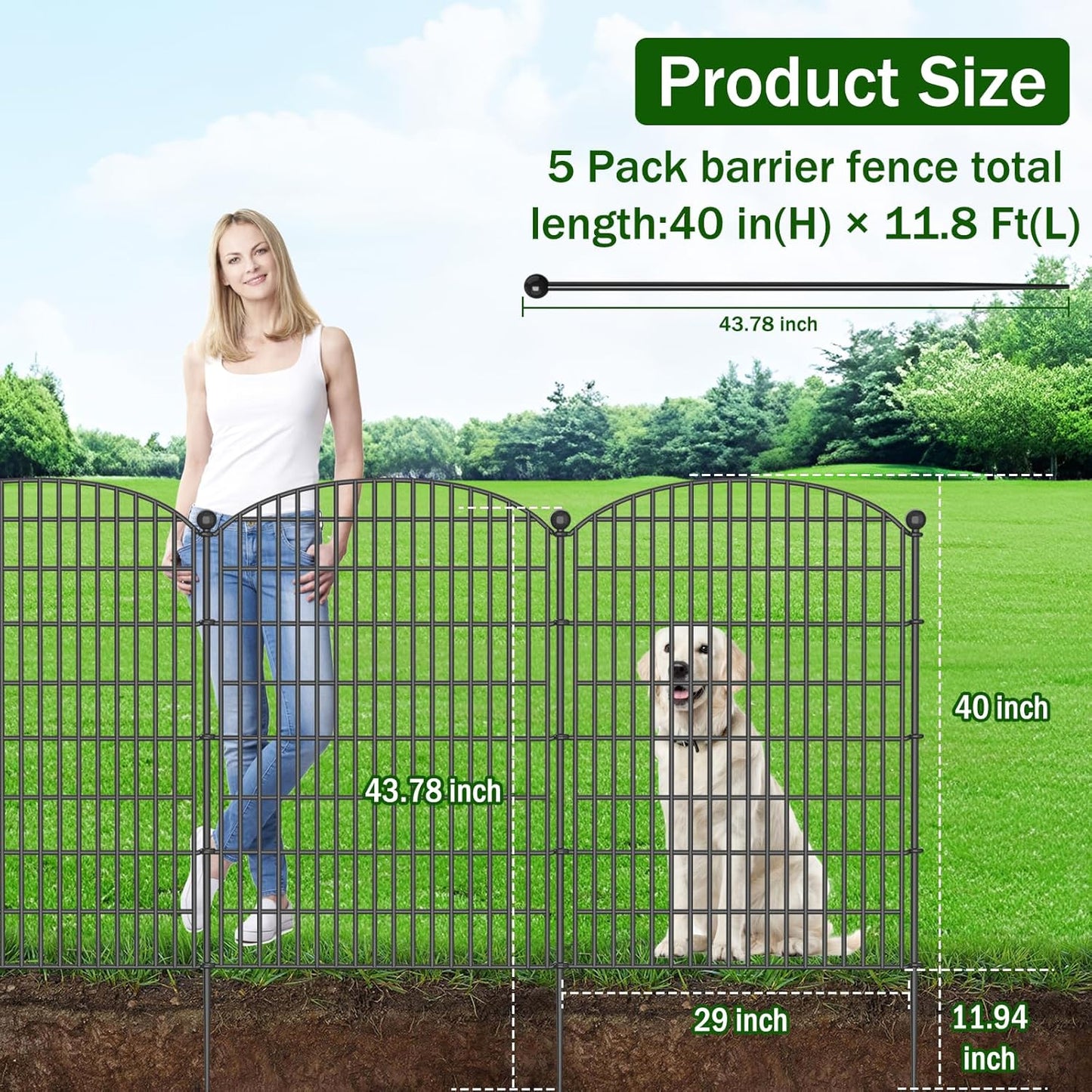 No Dig Decorative Garden Fence 5 Panels with Gate, 40 in (H) x 11.8 ft (L), Dog Fence Outdoor for Yard,Rustproof Metal Animal Barrier Ground Stakes Fencing for Garden, Patio, Flower Bed