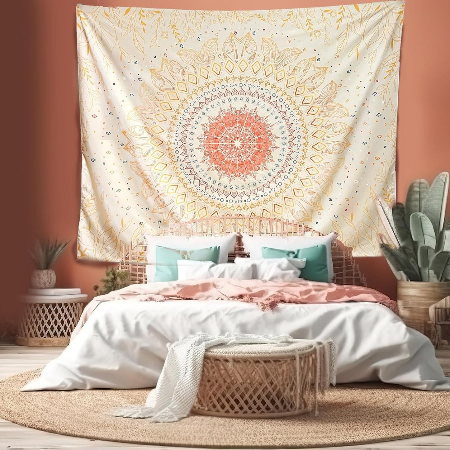 Damanse Floral Tapestry Wall Hanging Cute,Boho Wall Tapestry for Bedroom Aesthetic,Mandala Living Room Decor for Teen Girls (Yellow, 59.8"x78.7")
