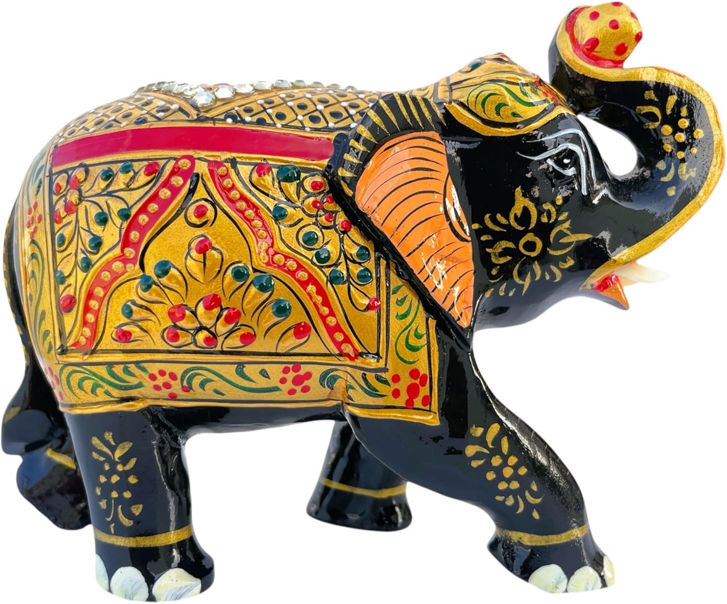 Handcrafted Wooden Elephant Figurine β Traditional Artwork, Gold & Gemstone Embellishments β Lucky Decorative Elephant Statue for Prosperity | Beautiful Elefantes Decorativos para Sala (Black & Gold)