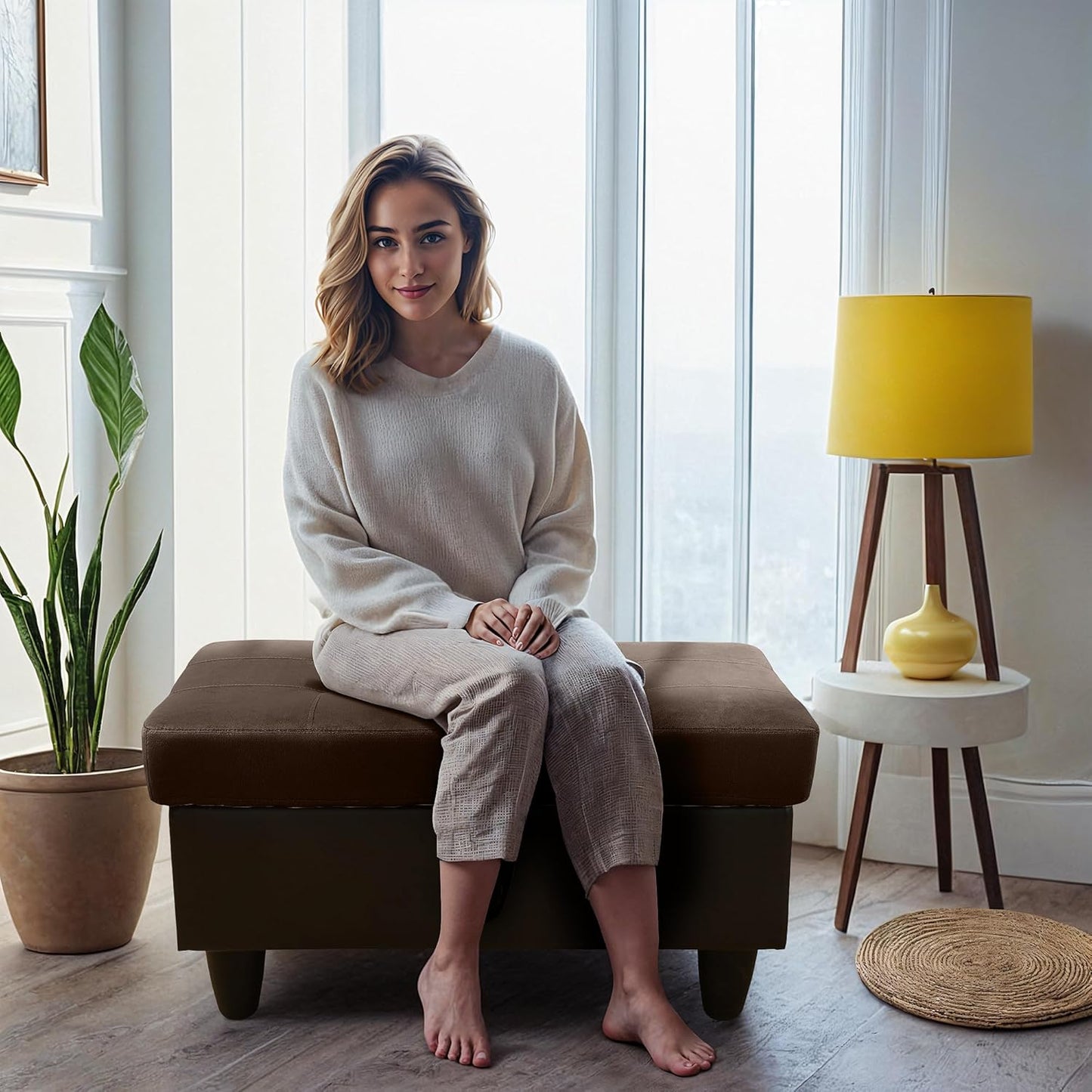 Ottoman Rectangular Storage Ottoman Bench, Flannel Footrest Stool Footstool with Lid for Living Room, Bedroom, Entryway, Dark Brown&Black, 35"x23.5"x17.5"