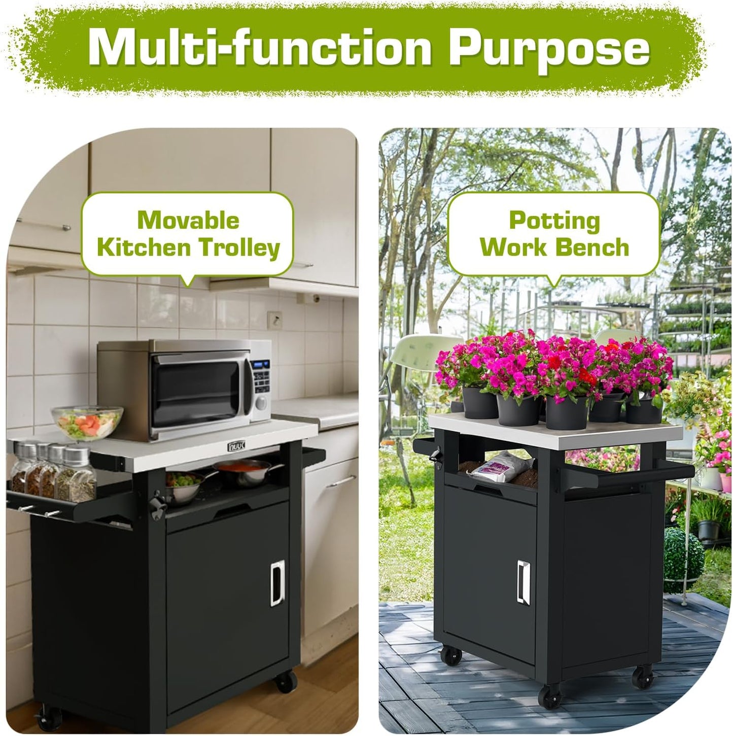 NUUK Grill Carts Outdoor with Enclosed Cabinet and Storage Drawer, Portable Patio Bar Cart with Wheels Stainless Steel Kitchen Storage Island 20" x 30" Rolling Prep Station for BBQ, Deck, Backyard