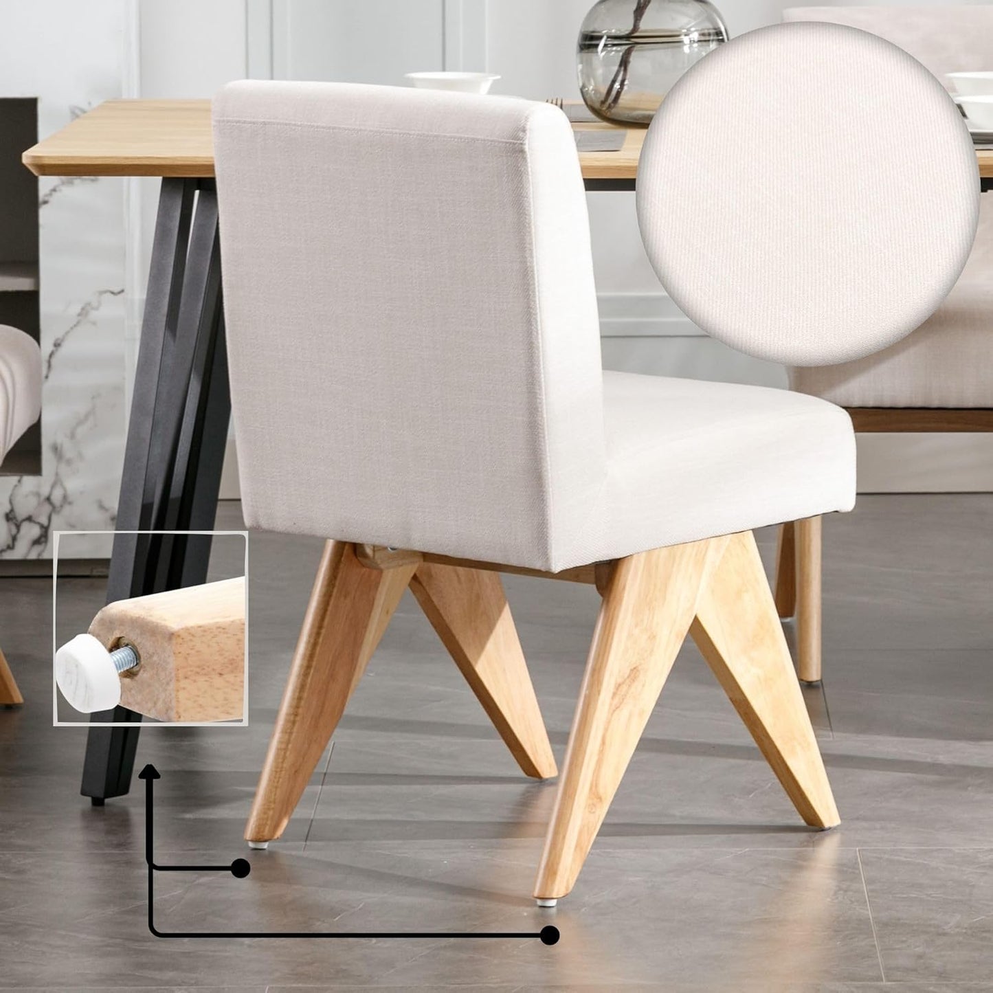 Mid Century Modern Farmhouse Dining Chairs Set of 2, Upholstered Armless Kitchen Chairs with Back and Wooden Legs, Linen Beige