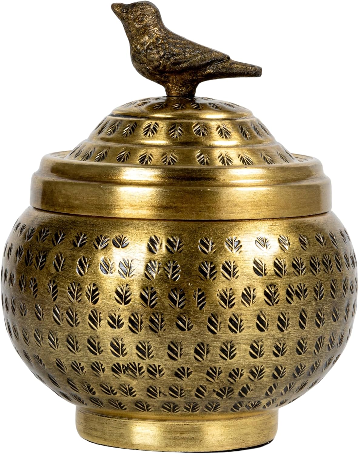 Creative Co-Op Round Hammered Metal Container with Bird Finial, Brass Finish