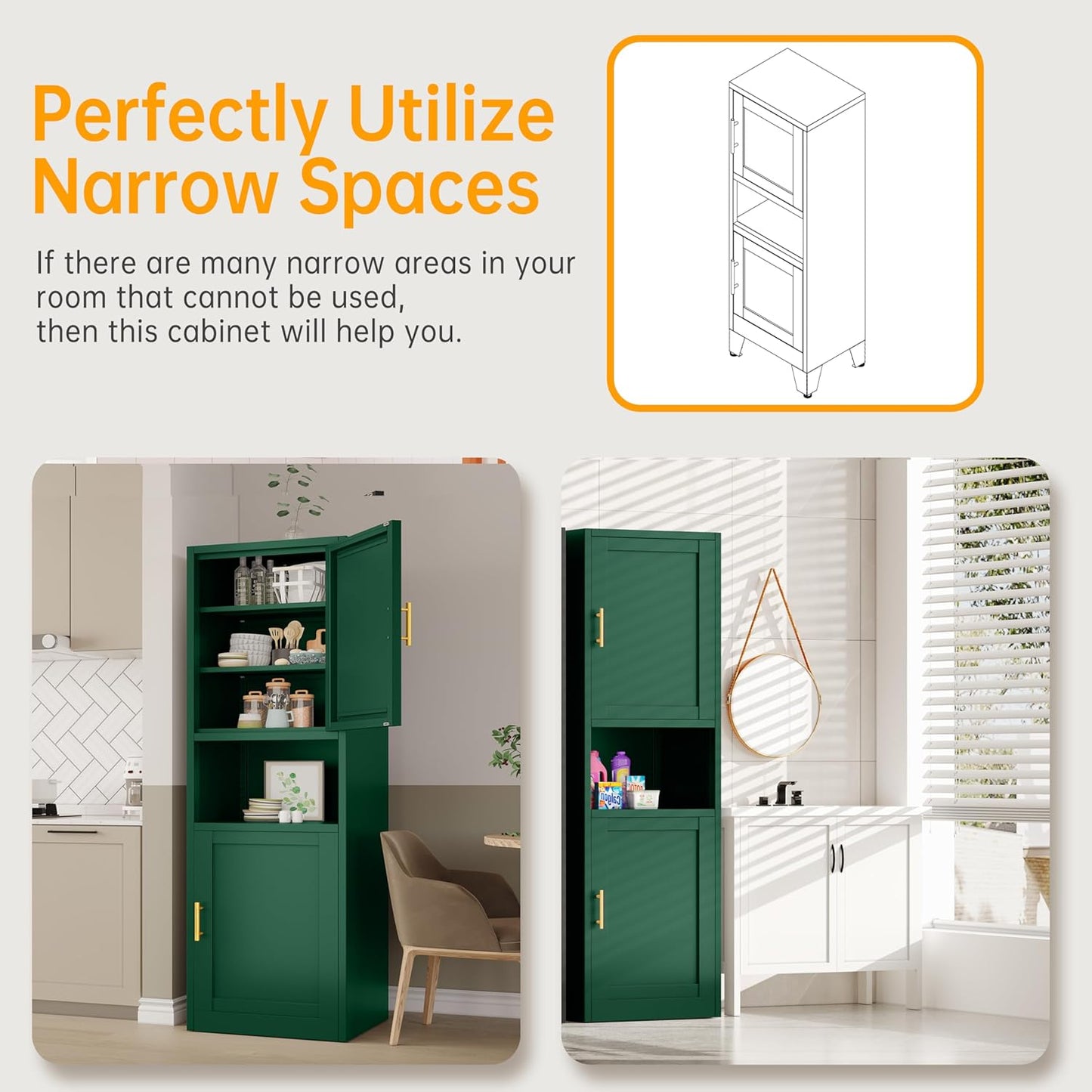 Tall Narrow Storage Cabinet 66.93" H Tall Bathroom Cabinet Metal Pantry Cabinets, 4 Adjustable Shelves for Kitchen, Home Office, Living Room, Dinning Room (20 inches Wide Green)
