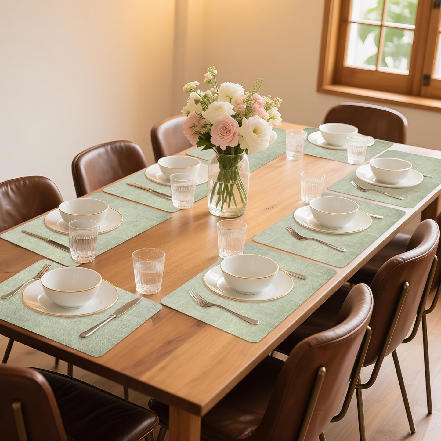 Maxpearl Faux Leather Placemats Set of 8 – Waterproof, Wipe Clean, Heat Resistant, Non-Slip Dining Table Mats for Indoor & Outdoor Use, 17”×12”, Sage Green