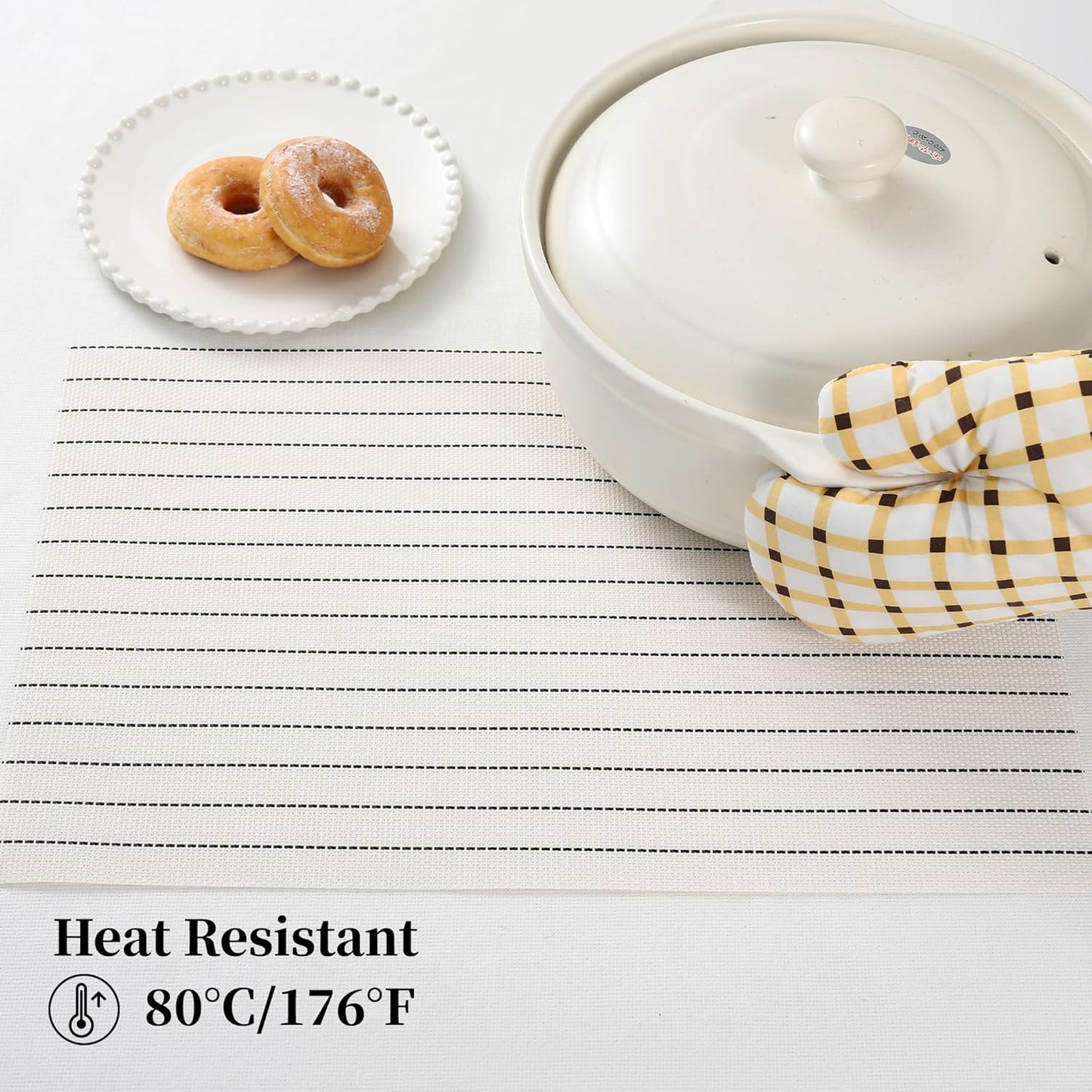 Leetaltree White with Black Stripes Placemats Set of 12 - Heat Resistant Non-Slip Place mats for Dining Table, Washable Durable PVC Vinyl Woven Table Mats(White Stripes, 12)