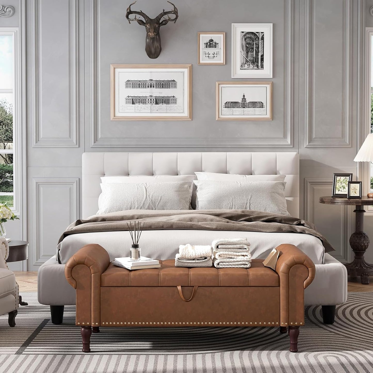 Apicizon 51”Ottoman with Storage, Queen Size End of Bed Storage Bench with Tufted Button, Upholstered Sitting Bench for Front Door Entrance,Bedroom,Dining Room, Entryway,Vintage Brown