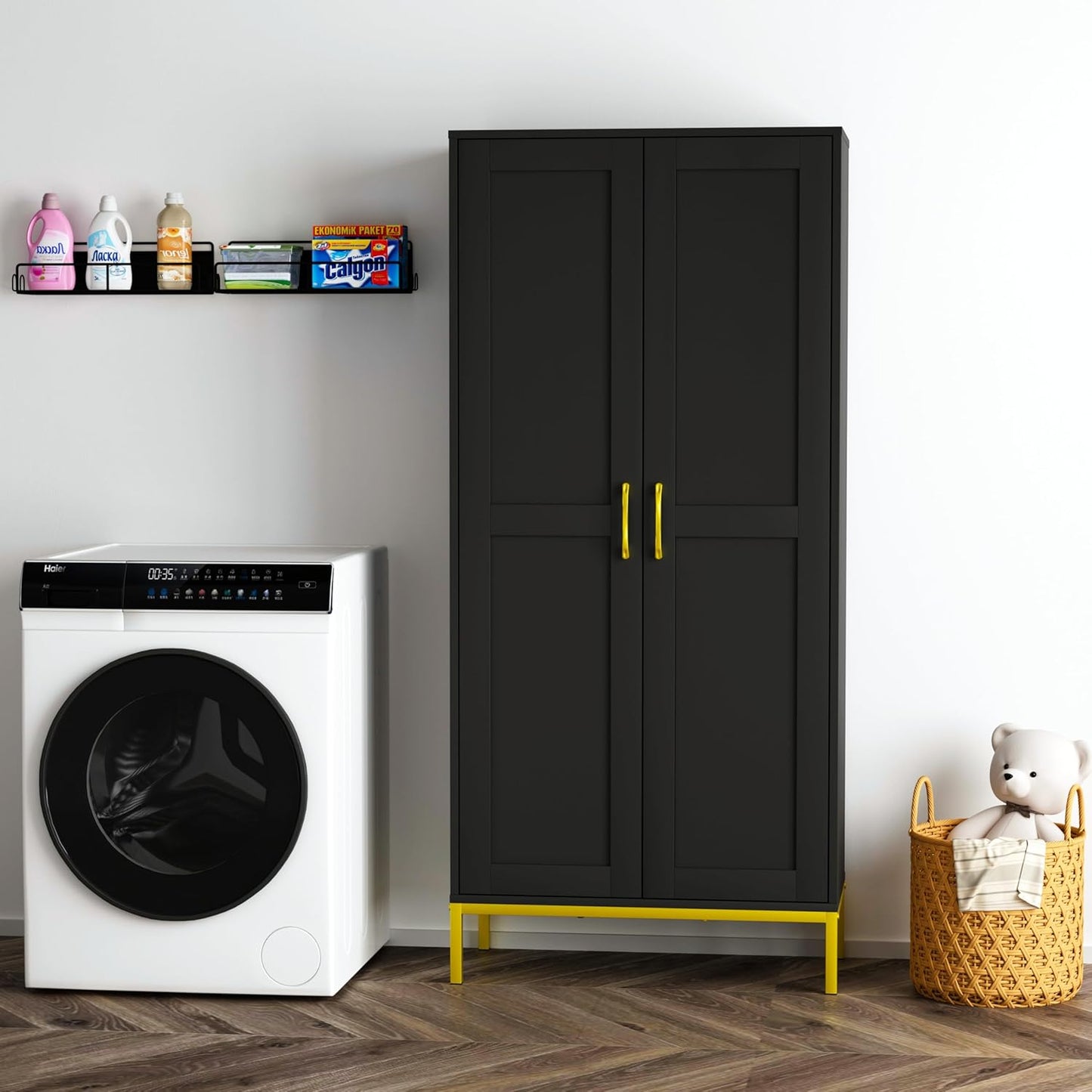 Tall Storage Cabinet, Kitchen Pantry Cabinet with 2 Doors & Adjustable Shelves for Laundry Room, Living Room, Entryway,Bathroom,Black