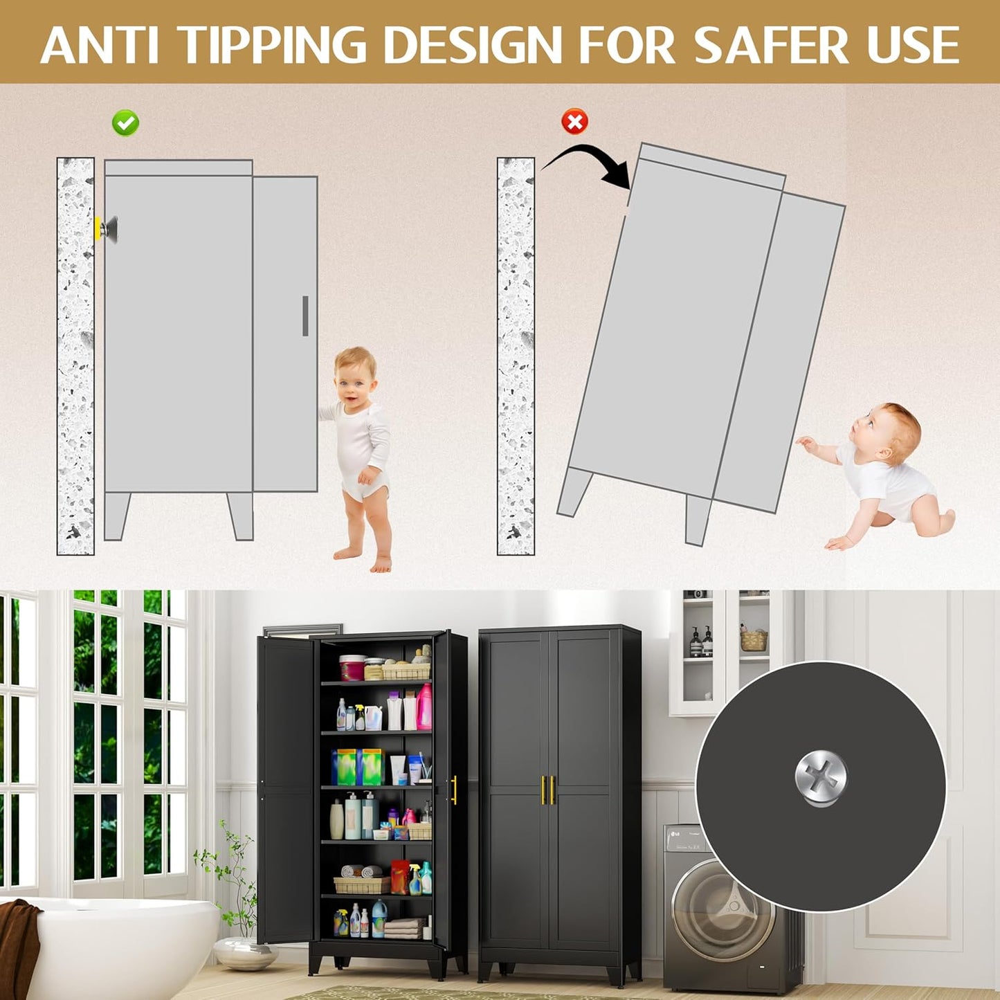 75.2" Tall Storage Cabinet, Pantry Storage Cabinets with 2 Door and 5 Adjustable Shelves, Black Kitchen Food Cabinet, Metal Utility Cabinets for Kitchen, Dinning Room, Laundry Room