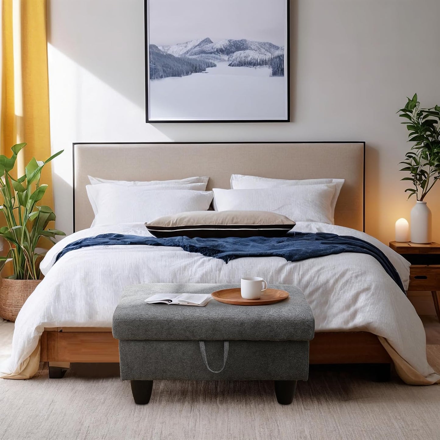 Ottoman Rectangular Storage Ottoman Bench, Flannel Footrest Stool Footstool with Lid for Living Room, Bedroom, Entryway, Dark Gray, 28.5"x19"x17.5"