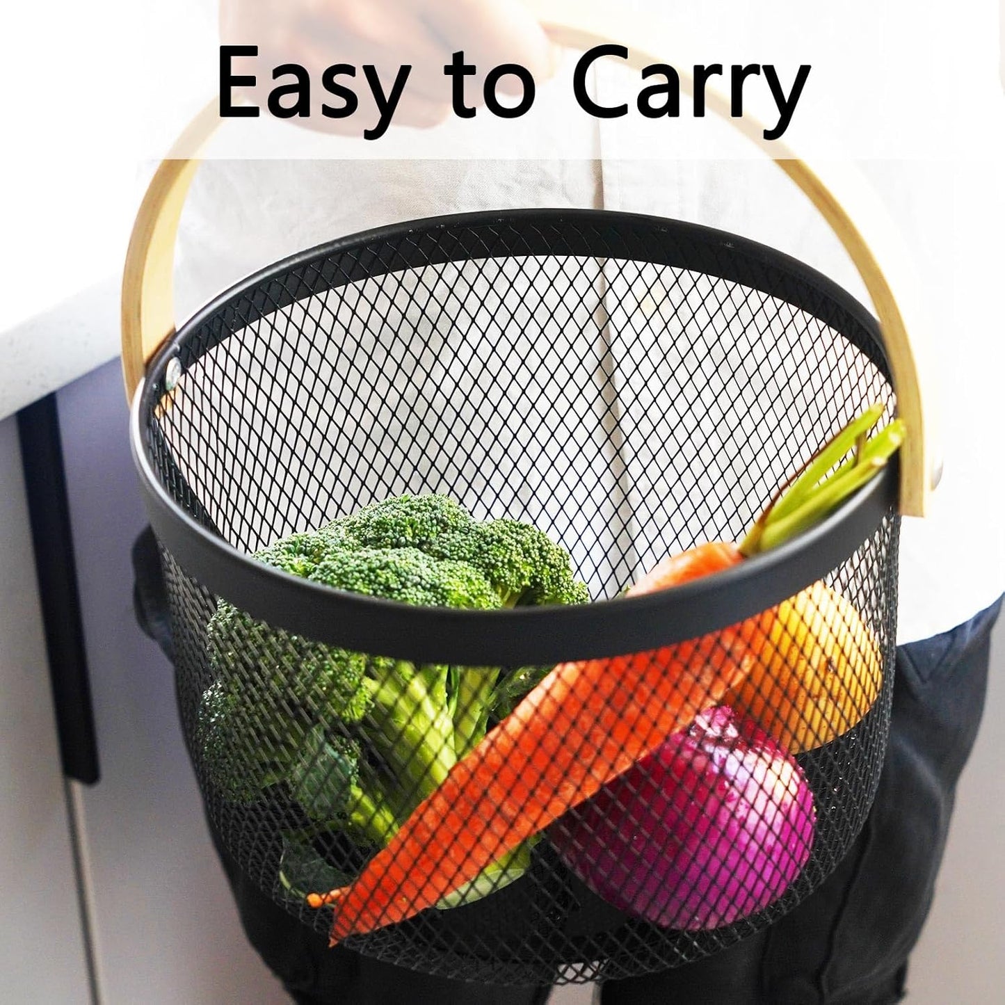 Metal Mesh Steel Basket, Garden Harvest Basket for Gathering Vegetables Round Wire Basket with Handle Storage Organizer Multi-functional Hanging Fruit Basket for Kitchen Bathroom Picnic