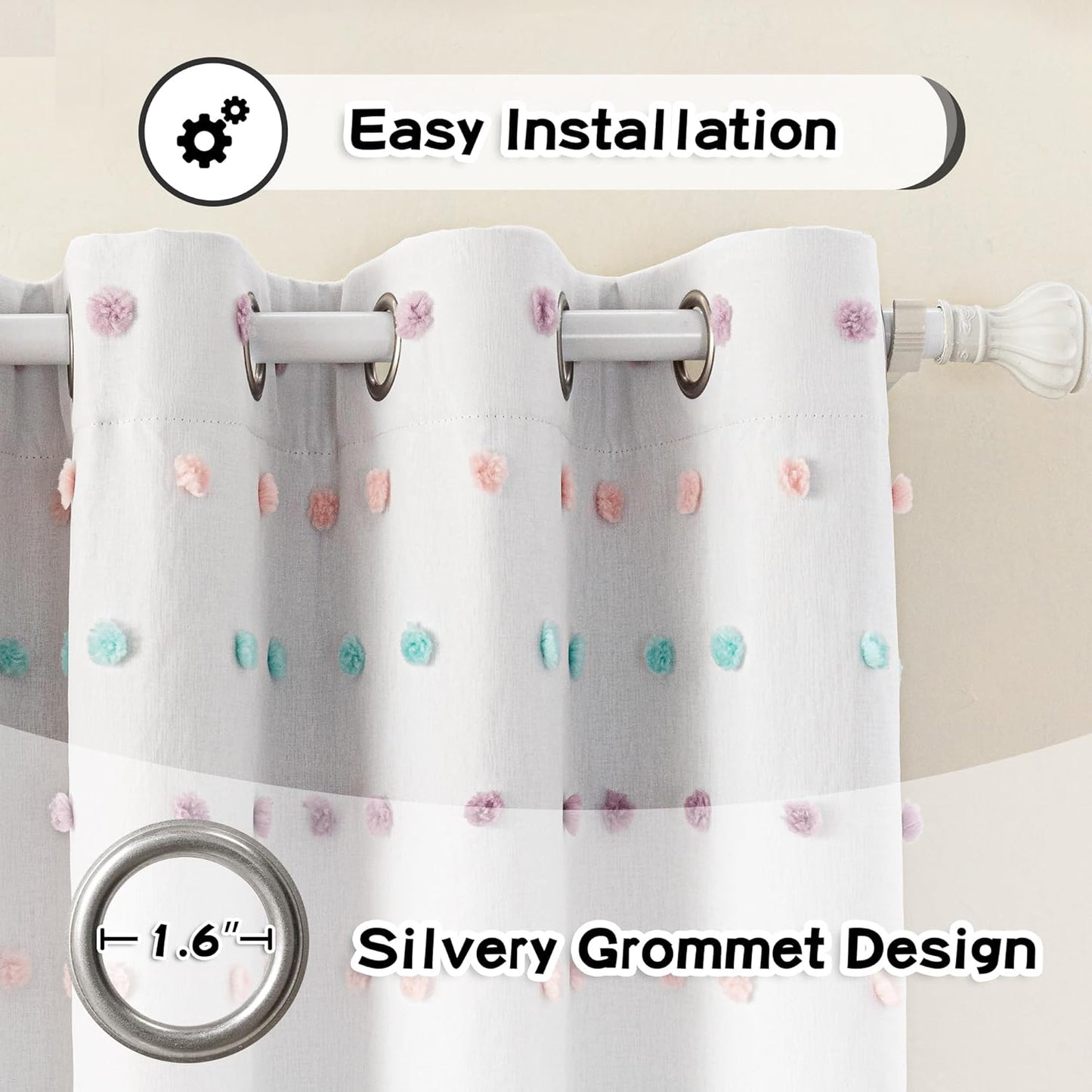 MYSKY HOME Total Blackout Curtains for Kids Bedroom 84 Inch Long 100% Light Blocking Curtains for Living Room 2 Panels Room Darkening Grommet Double Layer Drapes with Rainbow Pom Pom Sheer 52W x 84L
