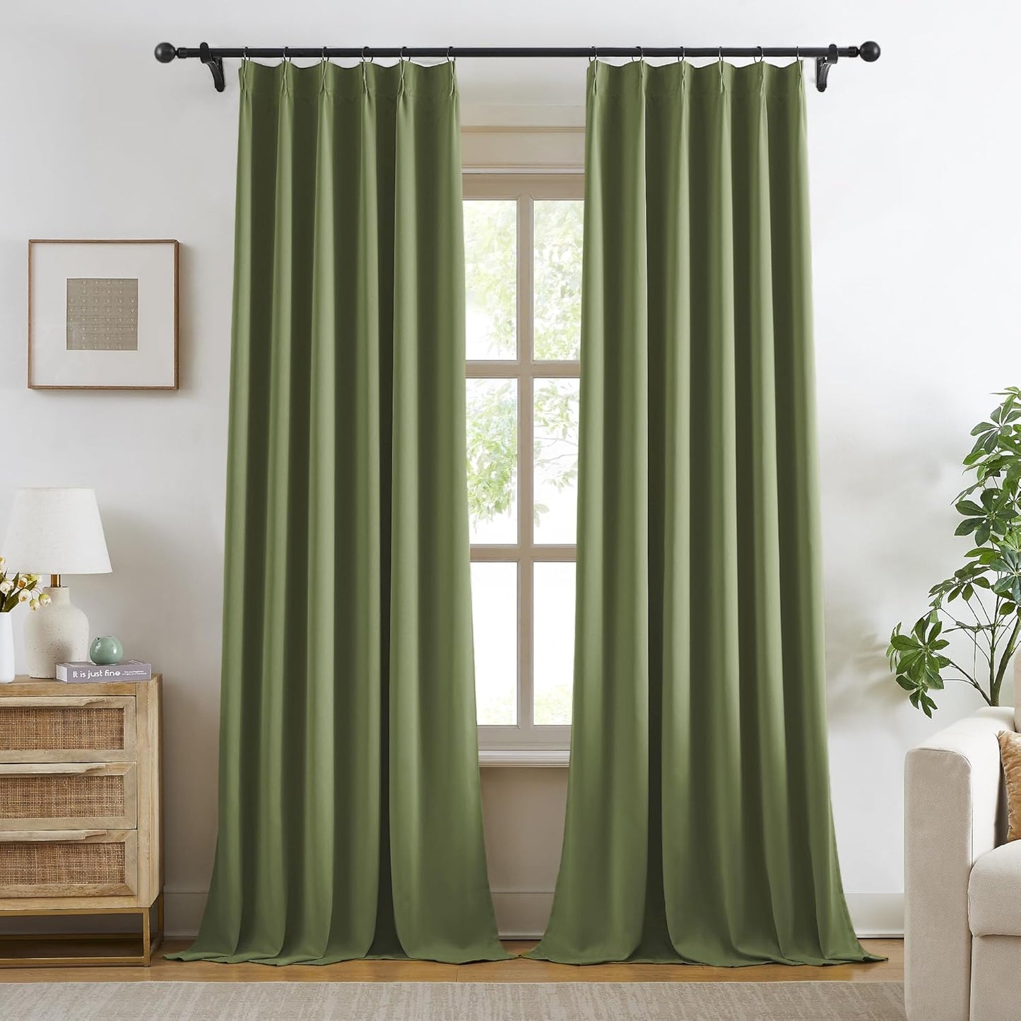 KangBang Sage Green Pinch Pleat Blackout Curtains 96 Inches Long for Living Room, Pinch Pleated Room Darkening Privacy Assured Draperies Memory Shape Panels for Bedroom Kitchen,2 Panels,40Wx96L
