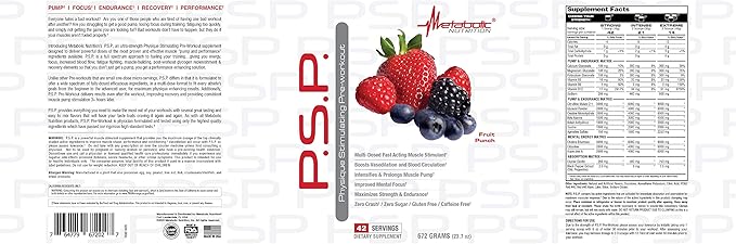 Metabolic Nutrition P.S.P. Physique Stimulating PreWorkout 672g Zero Sugar Caffeine Free (Fruit Punch)