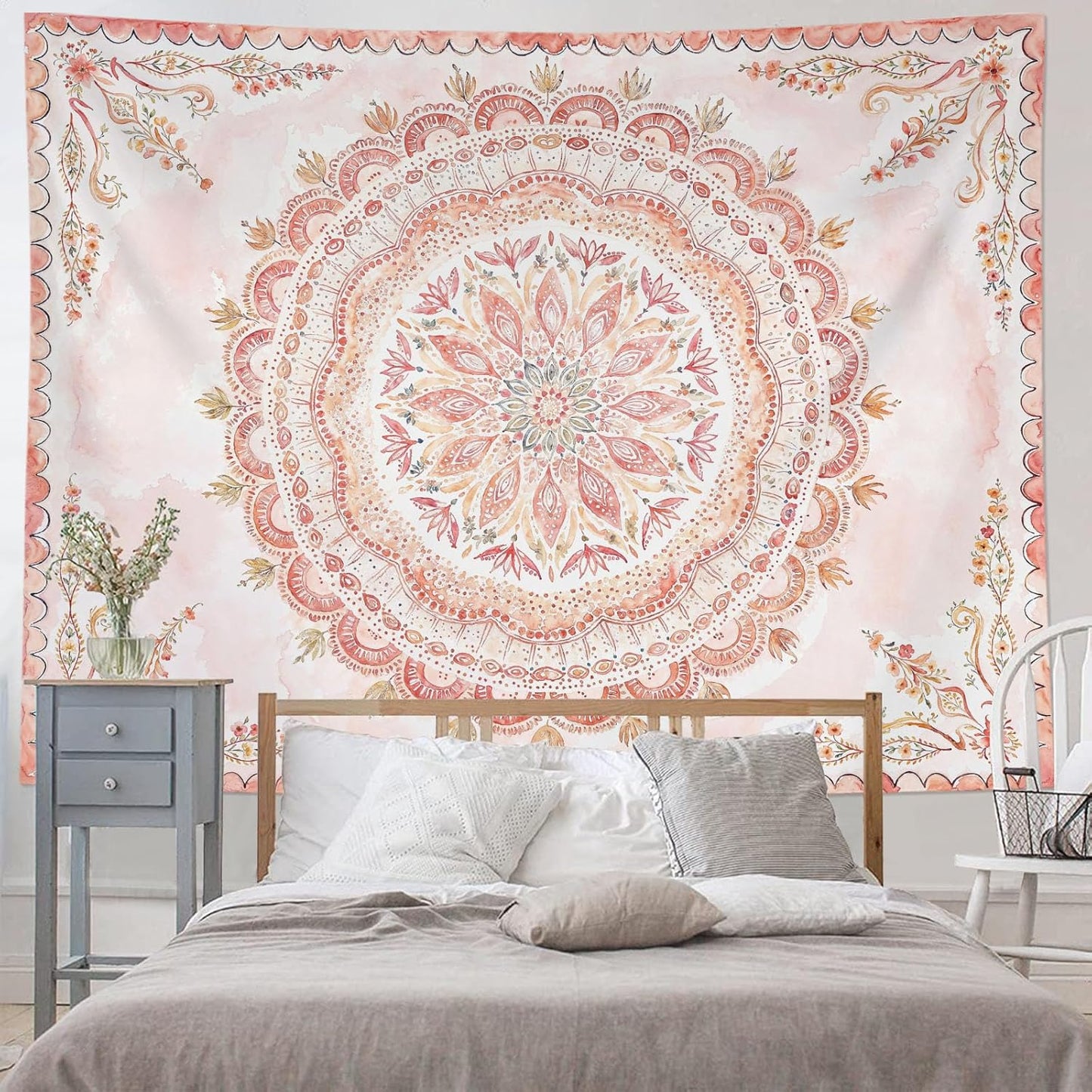 Fowocu Boho Floral Mandala Tapestry Wall Hanging Pink Bohemian Flower Medallion Tapestry Aesthetic Watercolor Hippie Indian Extra Large Tapestries for Bedroom Living Room Dorm Decor 90 x 68 Inch