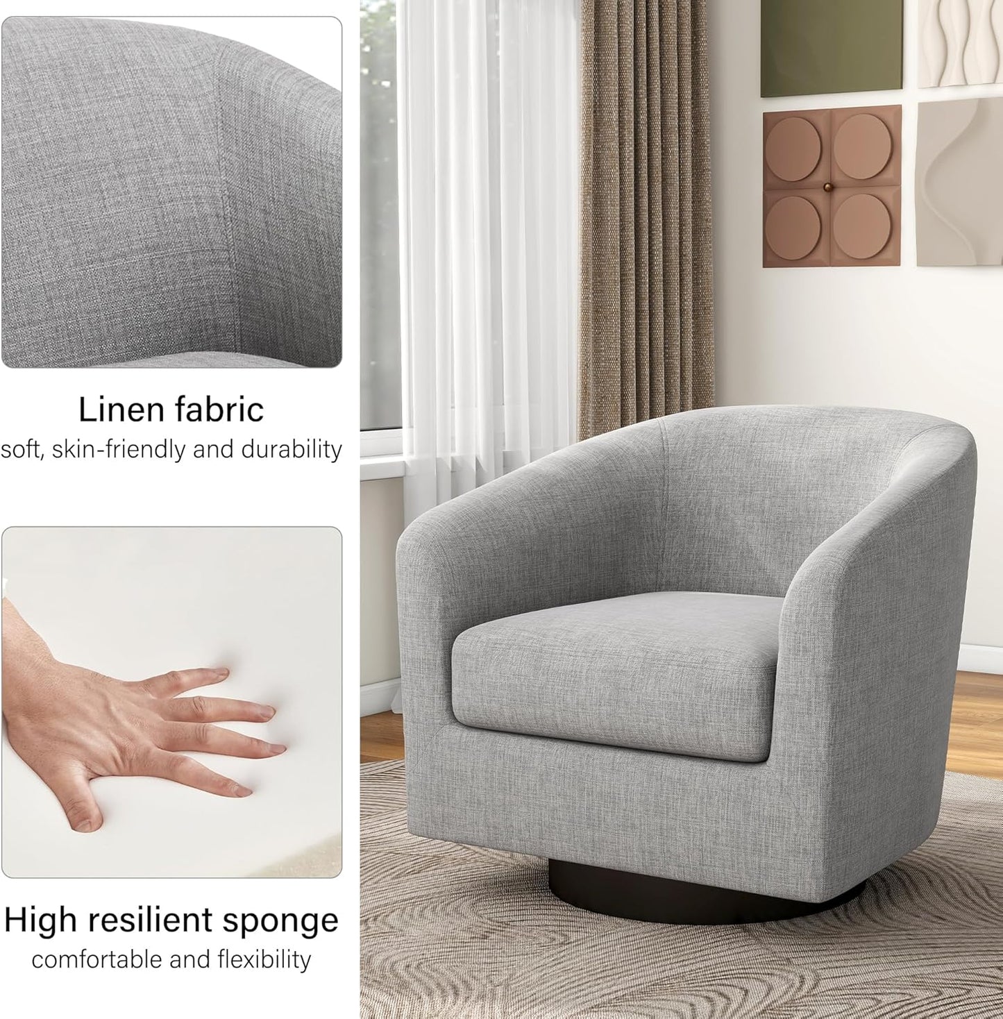 Swivel Barrel Accent Chair, Modern Round Linen Arm Chair for Living Room, Bedroom, Comfy Club Reading Chairs for Adults(Linen Fabric, Light Grey, Set of 1
