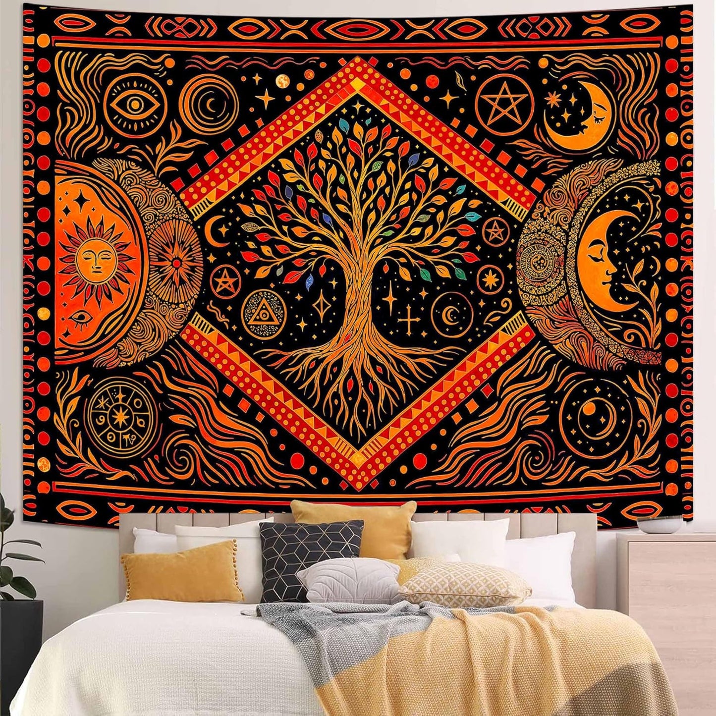 Lunerfex Tree of Life Sun Moon Stars Wall Tapestry, Cosmic Harmony Symbol Tapestries for Home Decor, Mystical Tapestry 60x44 Inch