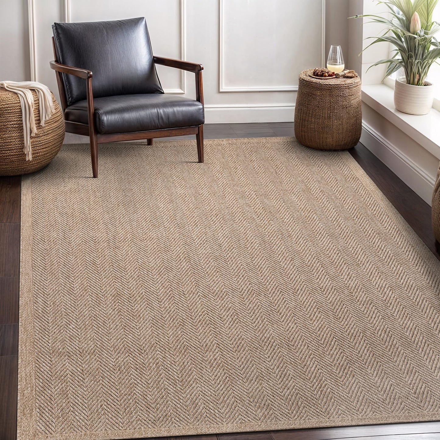 CAMILSON Easy Jute Rug 5x7, Indoor Outdoor Natural Color Fiber Area Rugs for Living Room Patio and Kitchen Rug Herringbone Seagrass Woven Design Easy-Cleaning Washable Outside Carpet Alfombras 5 x 7