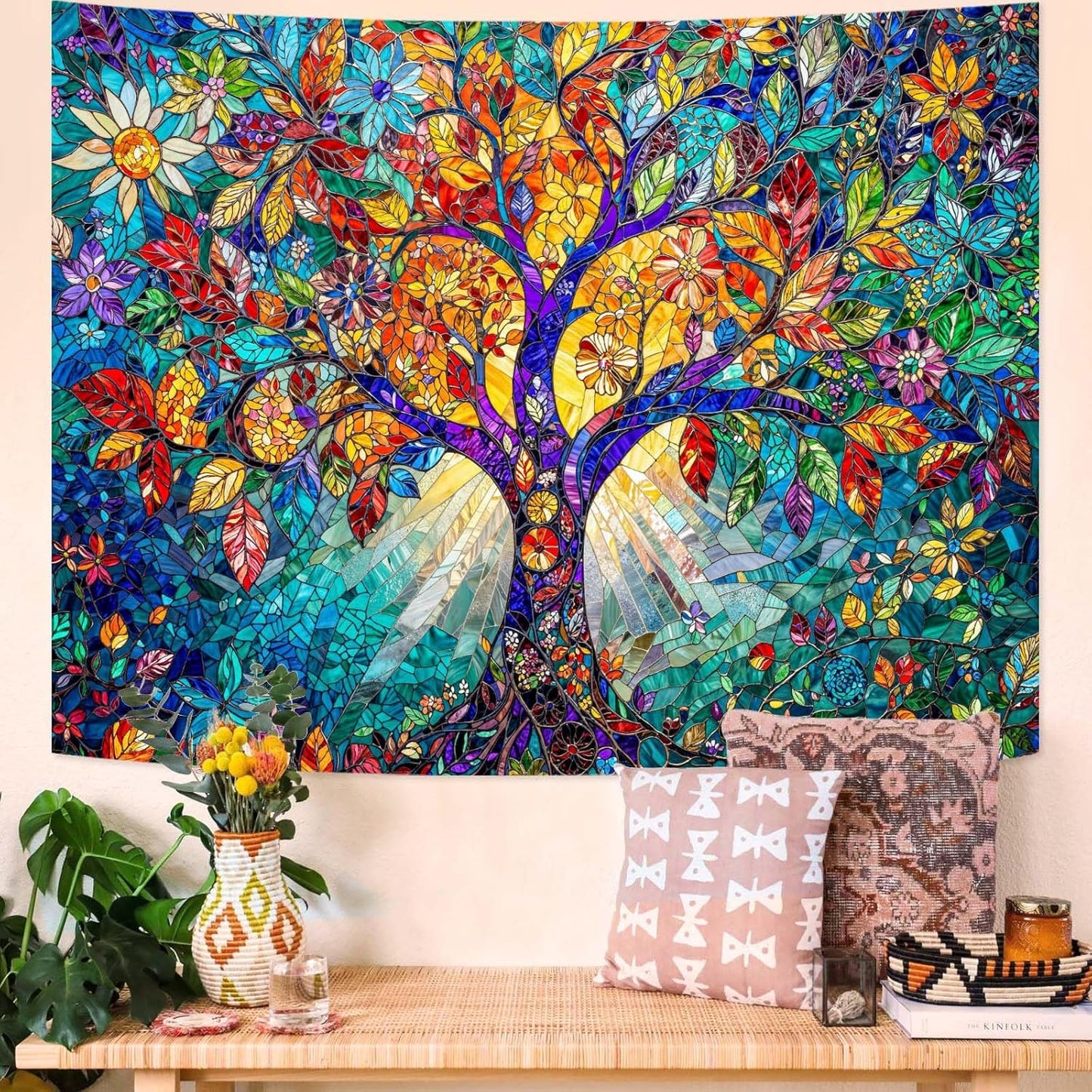 Lunerfex Tree of Life Tapestry Stained Glass Tapestry Wall Decor Tapestries for Bedroom Art Tapestries Wall Hanging for Bedroom Living Room Glass-Tree-02 44"x60"