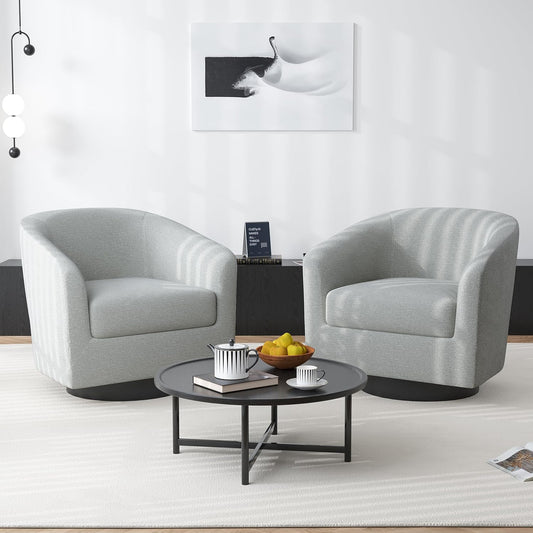 Swivel Barrel Accent Chair, Modern Round Chenille Fabric Arm Chair for Living Room, Bedroom, Comfy Club Reading Chairs for Adults(Chenille Fabric, Light Grey, Set of 2