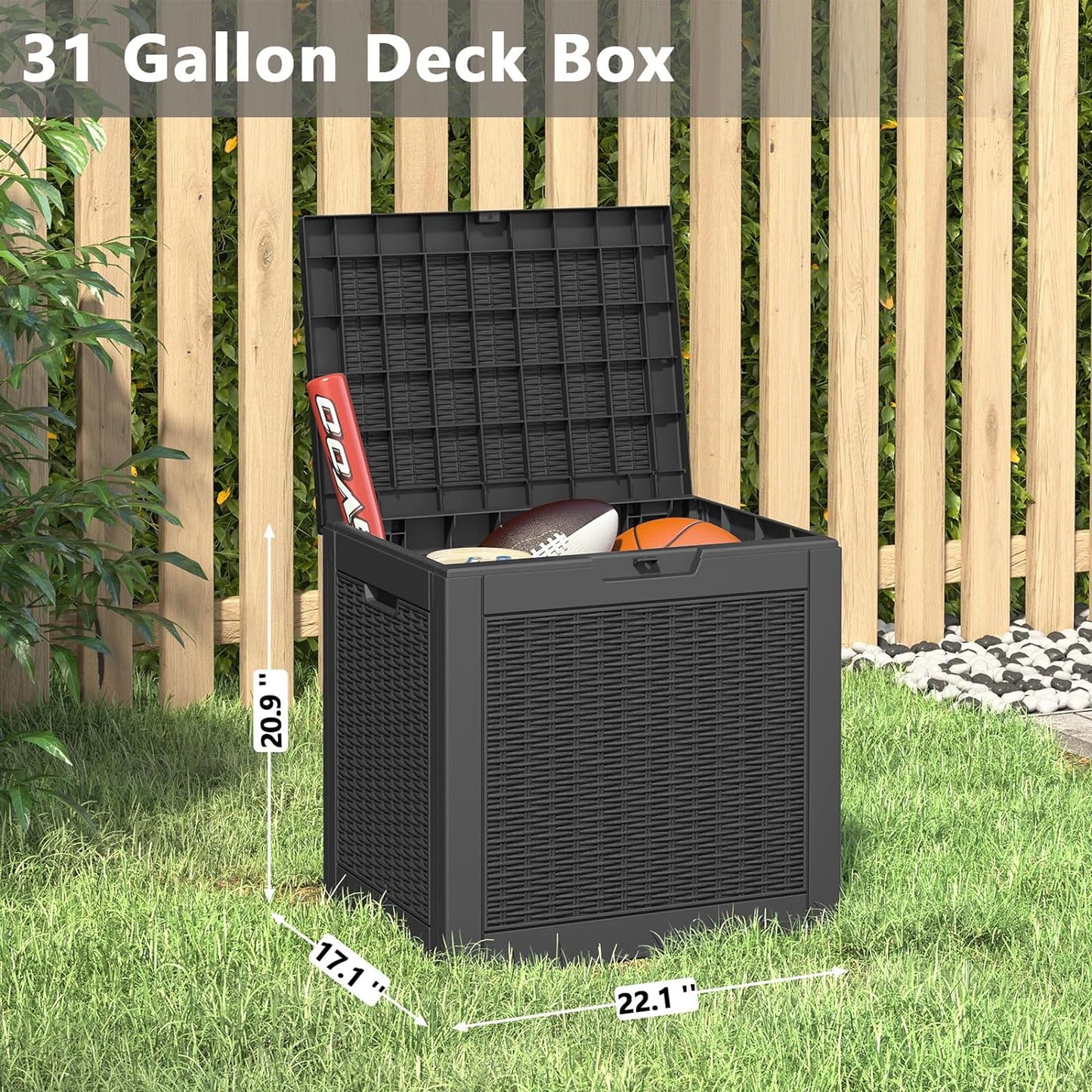 31 Gallon Deck Box, Resin Outdoor Storage Box, Waterproof and UV Resistant Deck Box, Lightweight Storage Box for Garden Tools, Pool Supplies