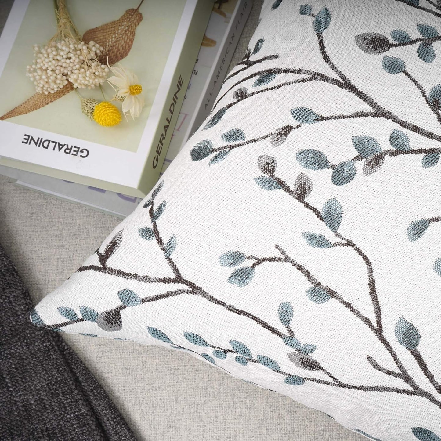 YOUR SMILE Classical Embroidery Jacquard Teal Leaf Pattern Square Decorative Throw Pillow Case Cushion Cover 18x18 inch