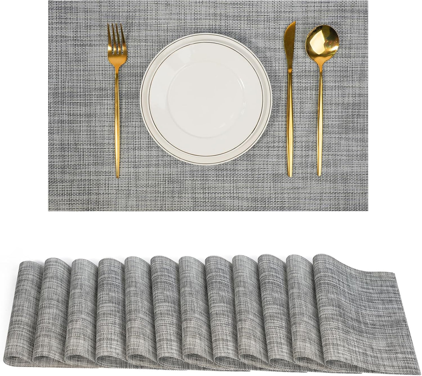 Placemats Set of 12,Non-Slip PVC Weave Table Placemats Easy to Clean,Heat Resistant Place Mats for Kitchen Dining Table Decoration Indoor Outdoor,Gray