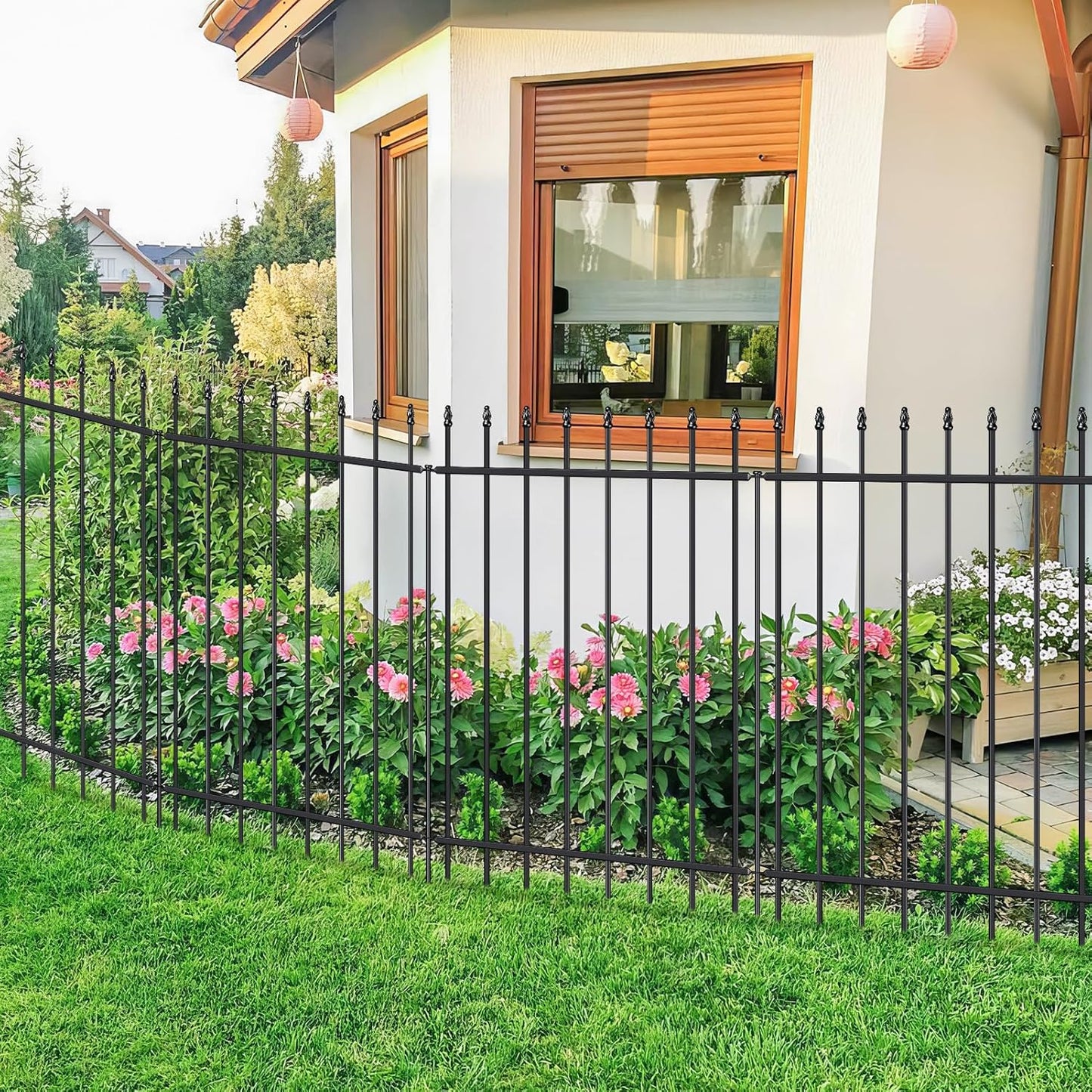 Metal Garden Fence 42 in H x 11.5 ft L, Border Fence Panels Animal Barrier for Dogs, No Dig Garden Fencing for Yard Patio Flower Bed Lawn Outdoor, 5 Panels + 6 Stakes Black