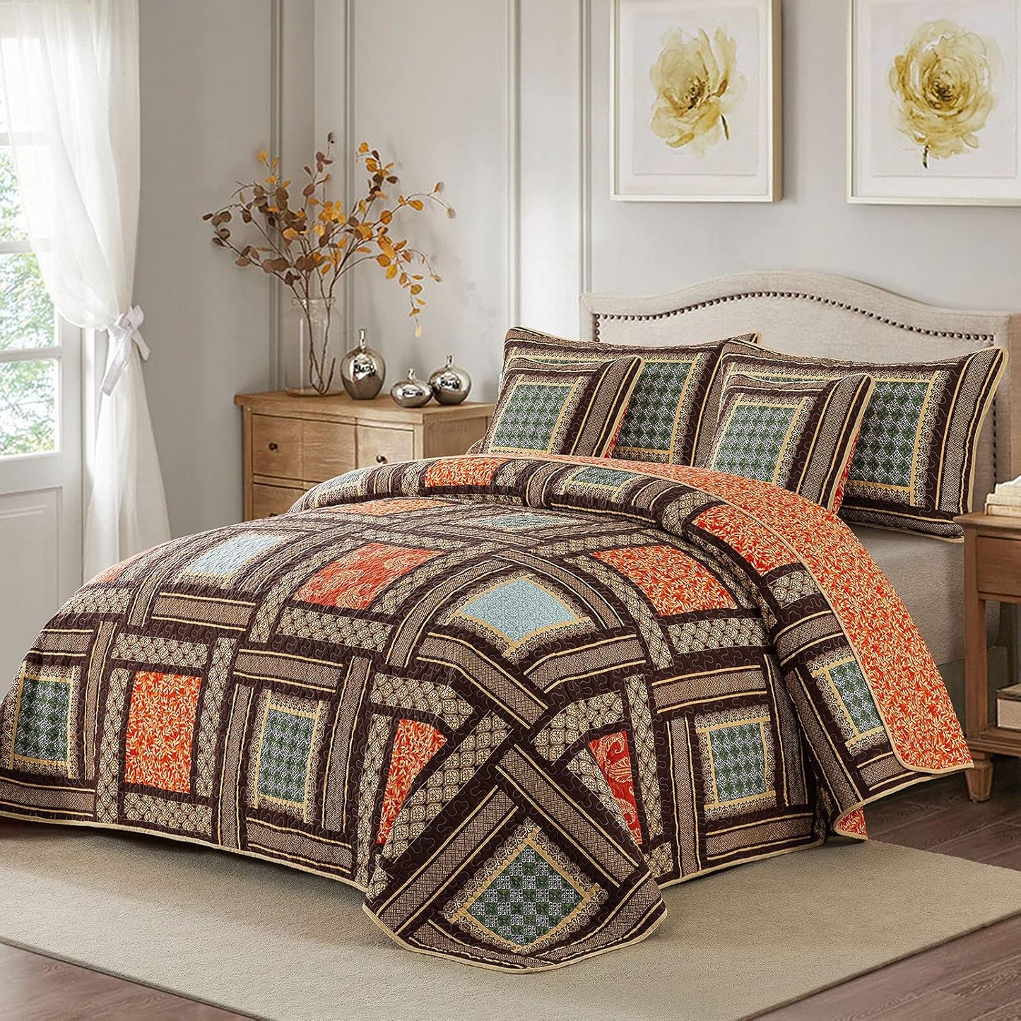 NEWLAKE Cotton Patchwork Bedspread, 3-Piece Bedding Quilt Set with Real Stitched Embroidery, Reversible Matelasse Bed Coverlet Set,Bohemian Farmhouse,King Size