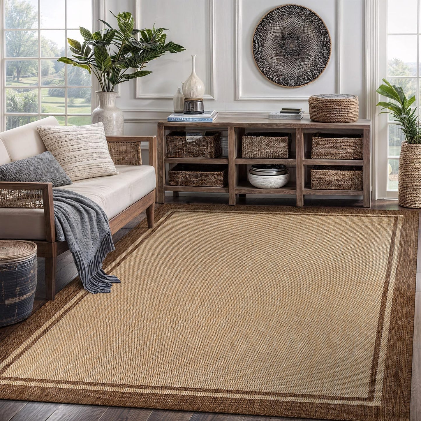 CAMILSON Outdoor Rug 6x9 Bordered Natural Brown Modern Area Rugs for Indoor and Outdoor Patios, Kitchen and Hallway Mats, Washable Porch Deck Outside Carpet (Border Jute, 6 x 9)