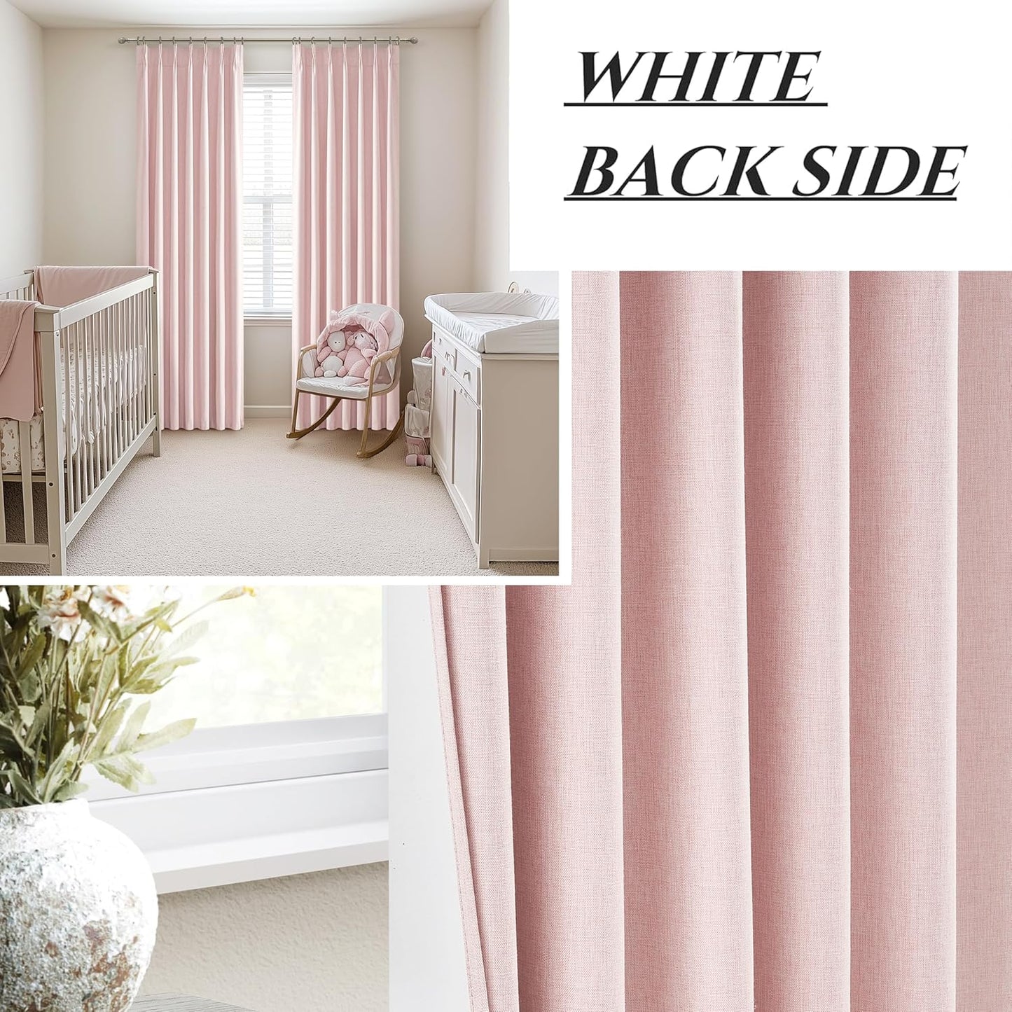 Pink Blackout Thick Linen Drapes 108 Inches Long 2 Panels Set for Bedroom, Extra Long Pinch Pleated Floor to Ceiling Boho Curtains Room Darkening Privacy Ceiling Track Burg for 108 Inch Large Windows