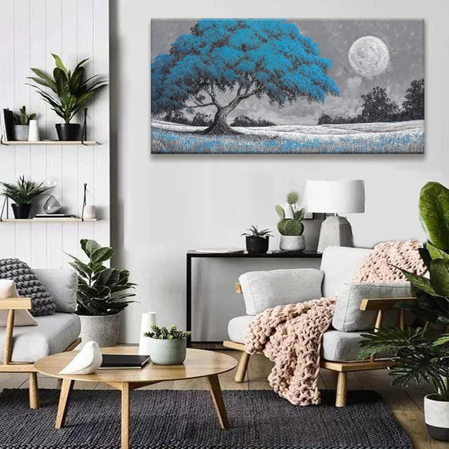 TAIJXAGSG Wall Art For Living Room Blue Tree Moon Canvas Art Wall Print Decor Artwork Print Painting 24" X 48" Modern Wall Art Picture For Bedroom Modern Salon Kitchen Office Home Wall Decor