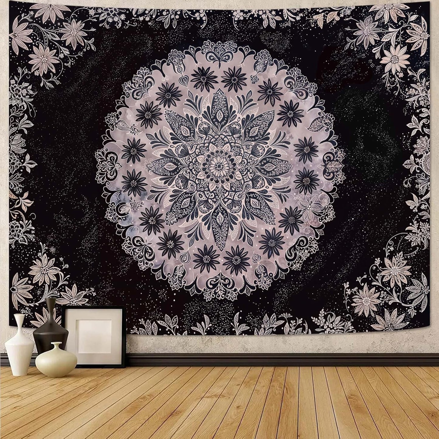 Fowocu Boho Floral Mandala Tapestry Wall Hanging Grey Bohemian Flower Medallion Tapestry Aesthetic Gray Black Hippie Indian Small Tapestries for Bedroom Living Room Dorm Decor 40 x 30 Inch
