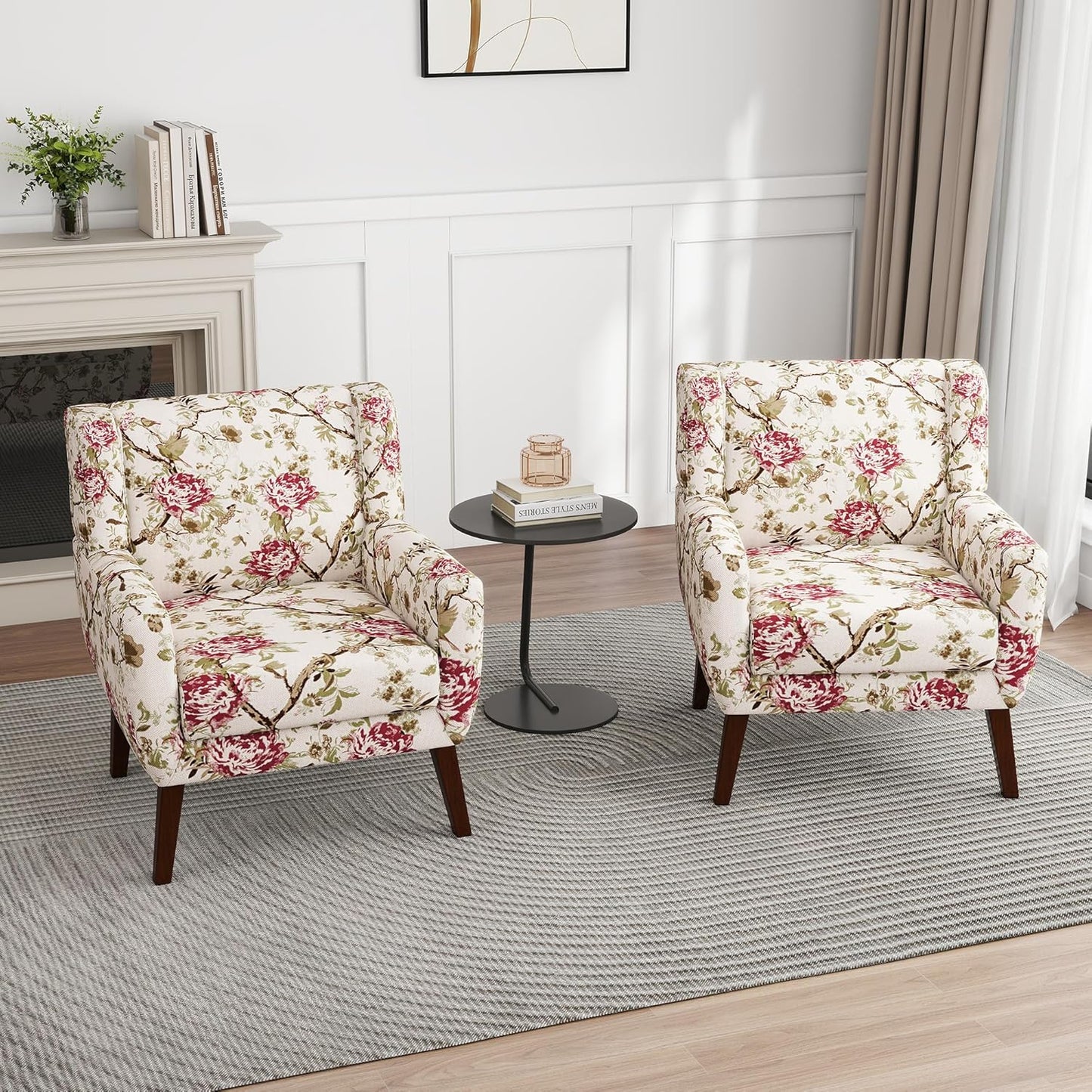 UIXE Floral Accent Chair, Modern Upholstered Armchair in Fabric for Living Room, Comfy Club Arm Chairs Single Sofa Button Tufted Bedroom Reading Seat - Pattern Floral, Set of 4
