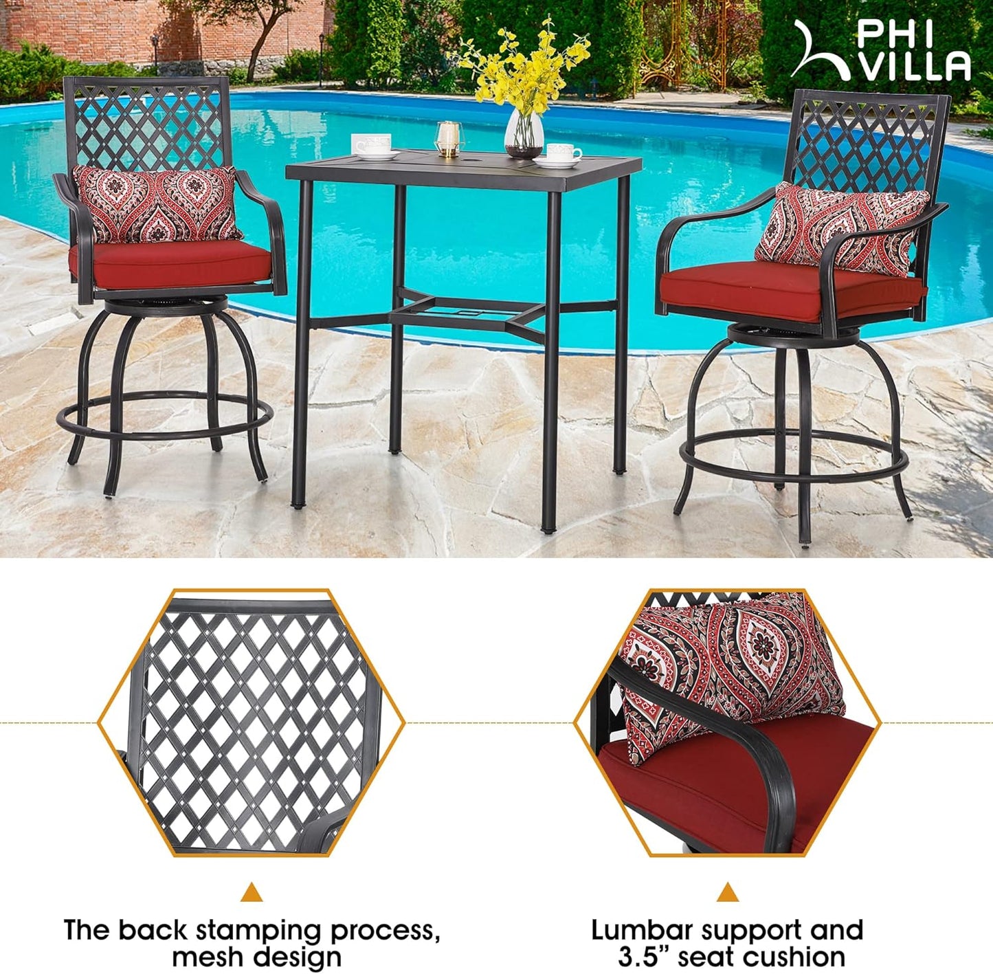 PHI VILLA 5 Piece Patio Bar Hight Dining Set for 4, Outdoor Bar Set with 4 Swivel Cushioned Bar Stools and 1 Square Metal Bar Table(1.9" Umbrella Hole) for Lawn Garden