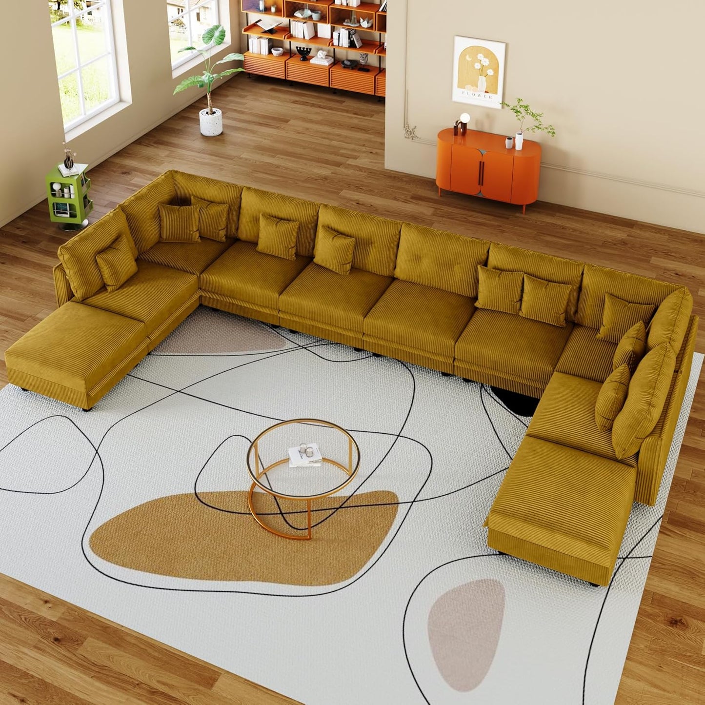 LLappuil Modular Sectional Sofa with Storage Seats, Corduroy Convertible Modular U Shaped Sectional Couch for Living Room, 10 Seat Oversized Sofa with 10 Back Cushion 10 Throw Pillow, Yellow