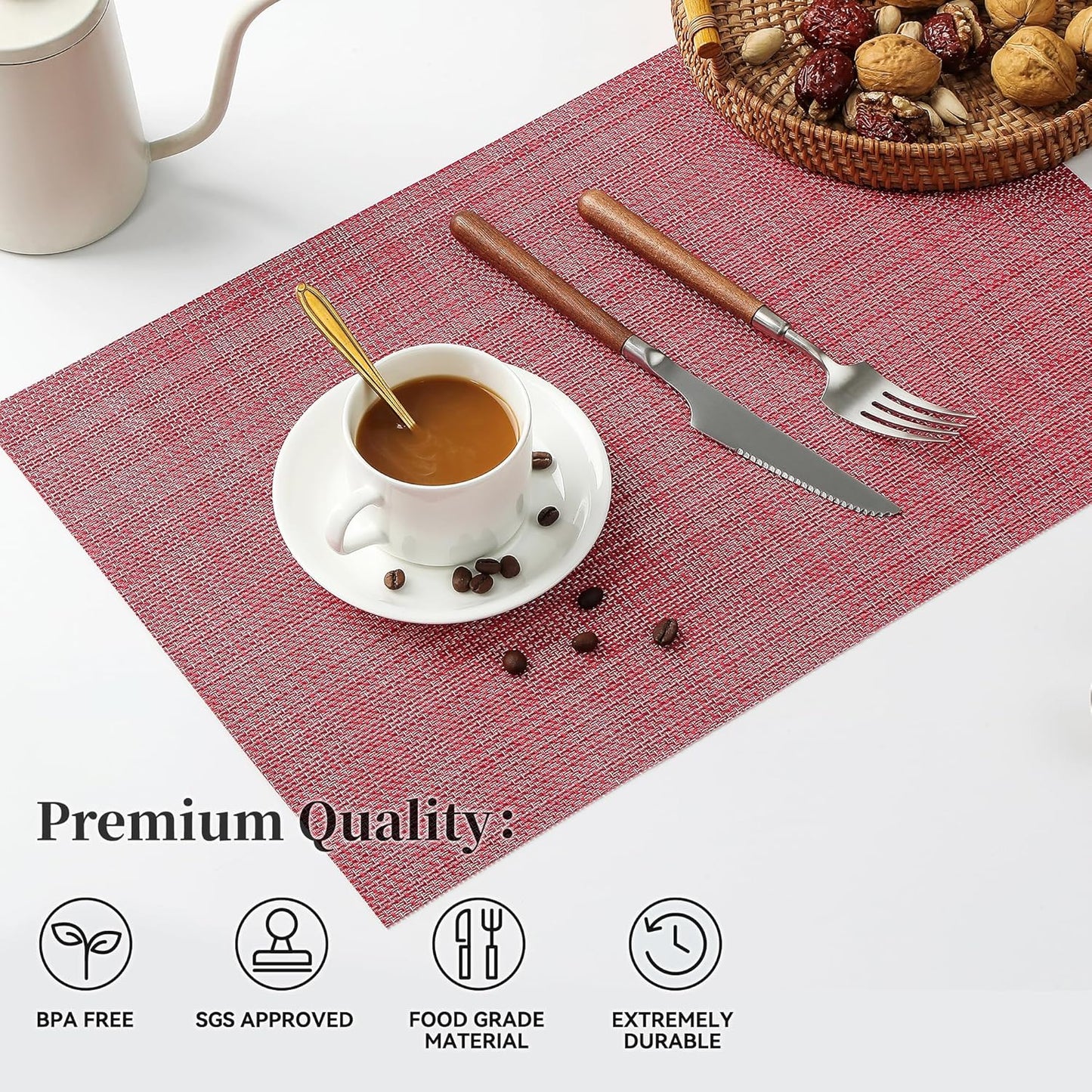 Leetaltree Red Placemats Set of 8 - Heat Resistant Non-Slip Place mats for Dining Table, Washable Durable PVC Vinyl Woven Table Mats(Red, 8)