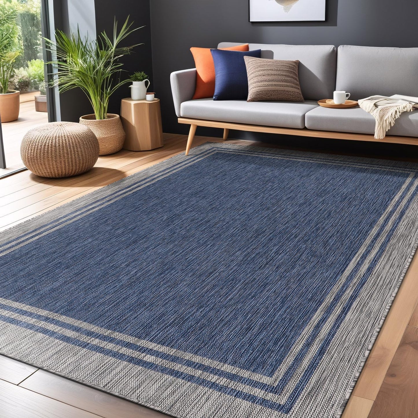 Bordered Outdoor Rug 10x14 Washable Outside Carpet for Indoor Patio Porch Waterproof Easy Cleaning Non Shedding Area Rugs Navy 10 x 14