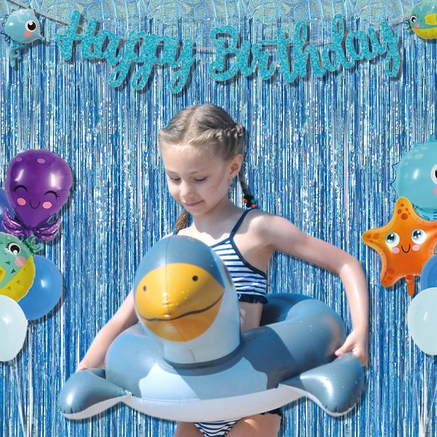 BRAVESHINE Light Blue Tinsel Foil Fringe Curtains - 2Pcs 3.2x8.2 ft Metallic Holiday Photo Booth Backdrop for Easter Birthdays Mermaid Frozen Sea Bachelorette Party Streamers Decorations