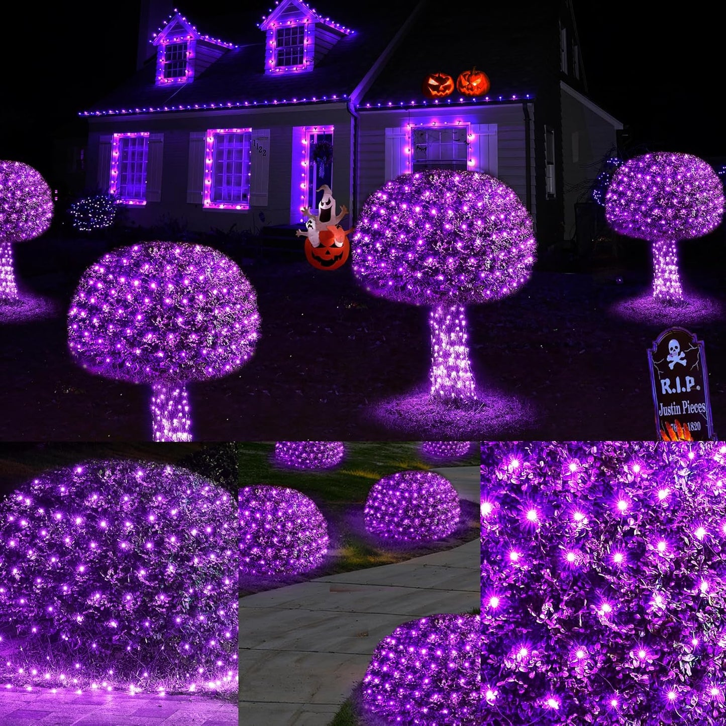 WBao Halloween Lights Outdoor 200LED F8 Big Bulbs, 8.4ft x 5.2ft Halloween Net Lights with 8 Modes, Timer, Connectable, Waterproof & Dark Green Wire for Lawn, Bushes, Trees Outdoor Decorations, Purple