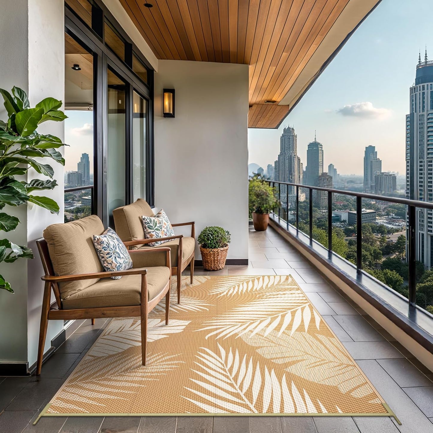 GENIMO Outdoor Rug 8' x 10' Waterproof for Patios Clearance, Reversible Outdoor Plastic Straw Camping Rug Carpet, Large Area Rugs Mats for RV, Camper, Deck, Balcony, Porch, Beach, Picnic, Brown&Beige