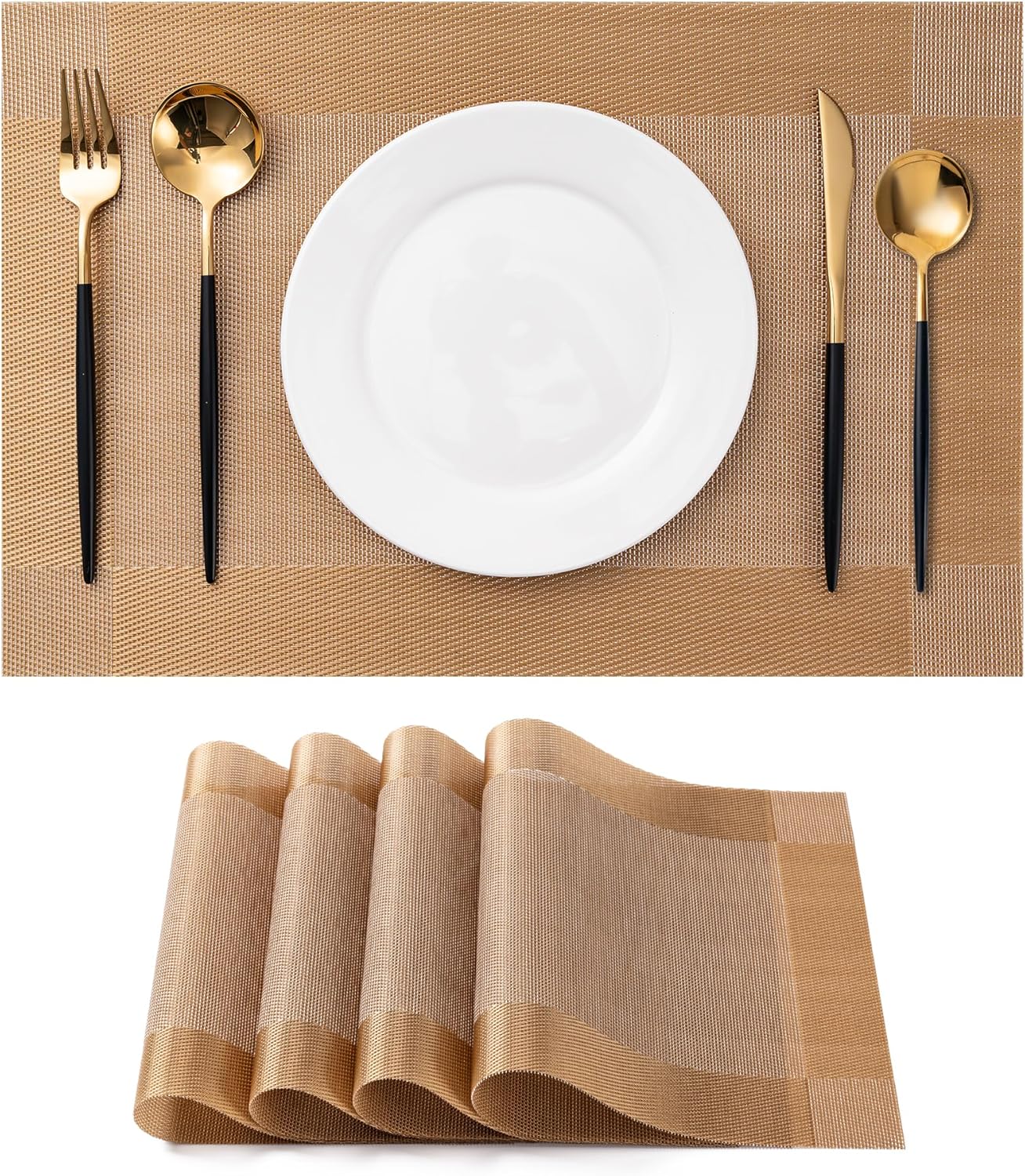 CADONO Placemats Set of 4 Washable Indoor/Outdoor Vinyl Place Mats for Dining Table Durable Non-Slip Heat Resistant PVC Weave Table Mats(Gold Cube)