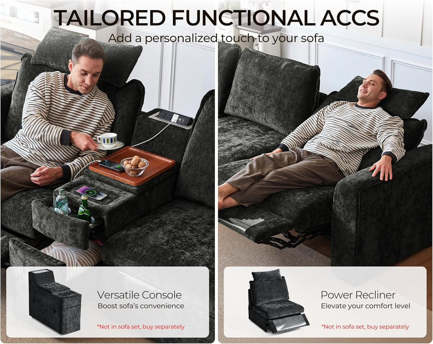 Oversized Modular Sofa Comfy Cloud Couch with Storage, Extra Deep Plush Sectional Sofa Set for Living Room, Covers Washable, Chenille, Olar (Black, 6-seatser with Corner & Ottoman, v-Shaped)