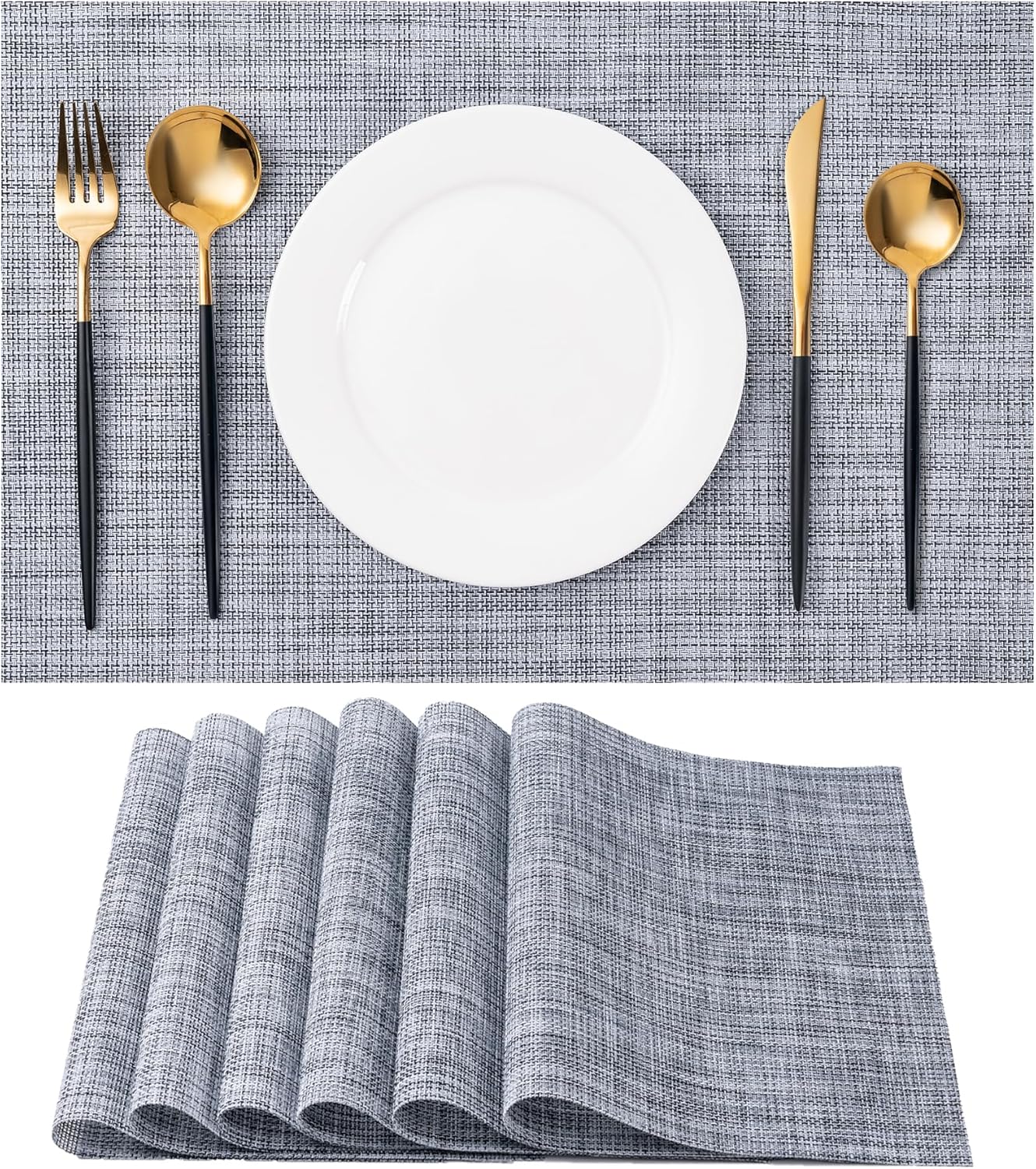 Placemats Set of 6 Washable Indoor/Outdoor Vinyl Place Mats for Dining Table Durable Non-Slip Heat Resistant PVC Weave Table Mats(Gray)