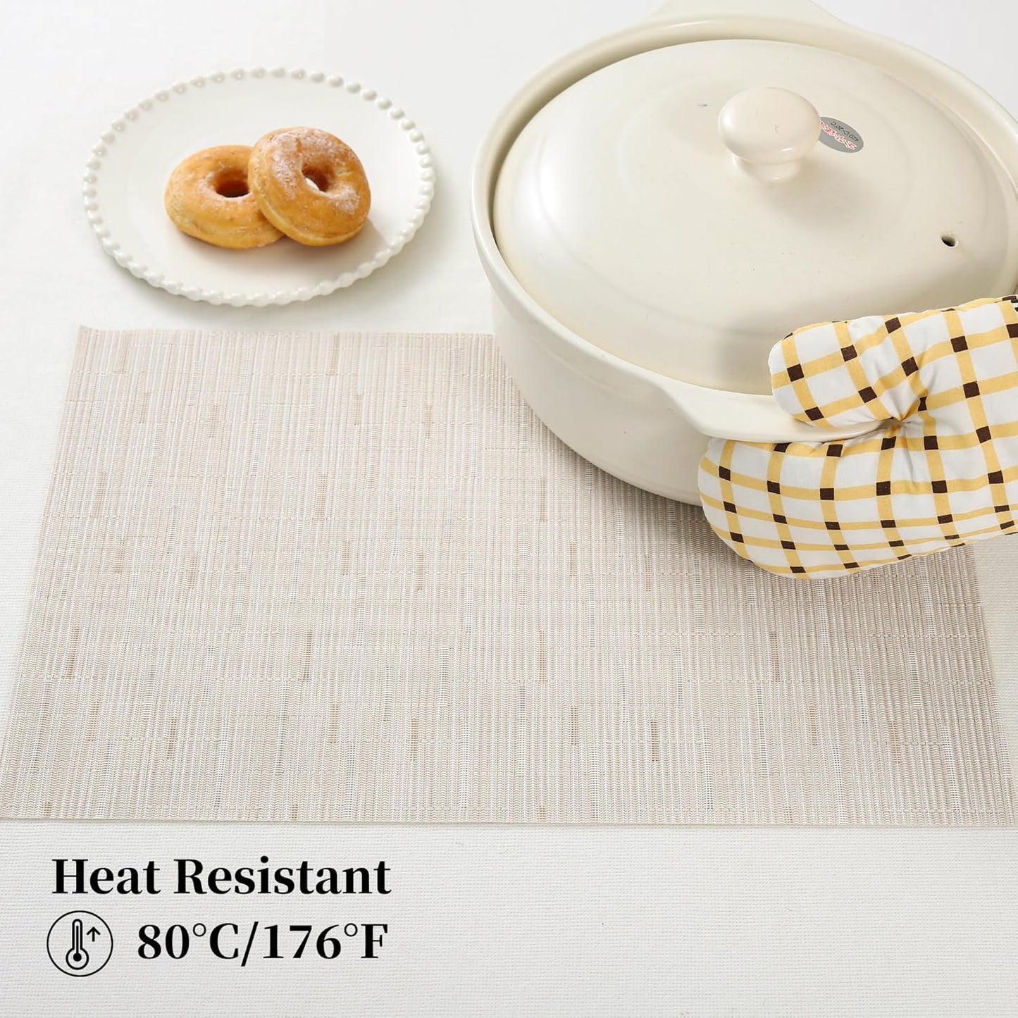 Leetaltree Pale Beige Placemats Set of 8 - Heat Resistant Non-Slip Place mats for Dining Table, Washable Durable PVC Vinyl Woven Table Mats(Pale Beige, 8)