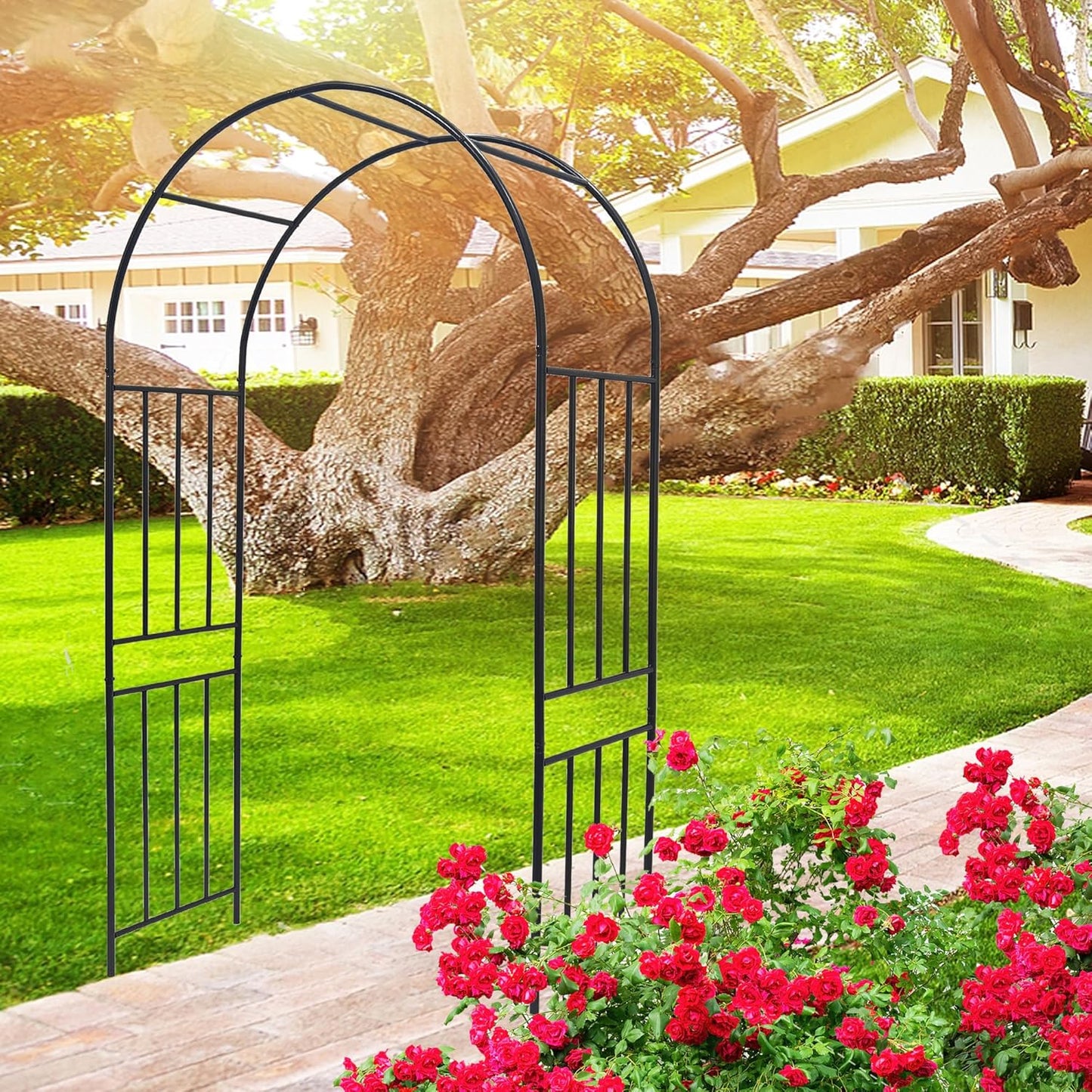 Metal Garden Arch 85.82" H Garden Arbor Trellis Climbing Plants Support Rose Lines Arch Outdoor Lawn Wedding Party Events Archway Black