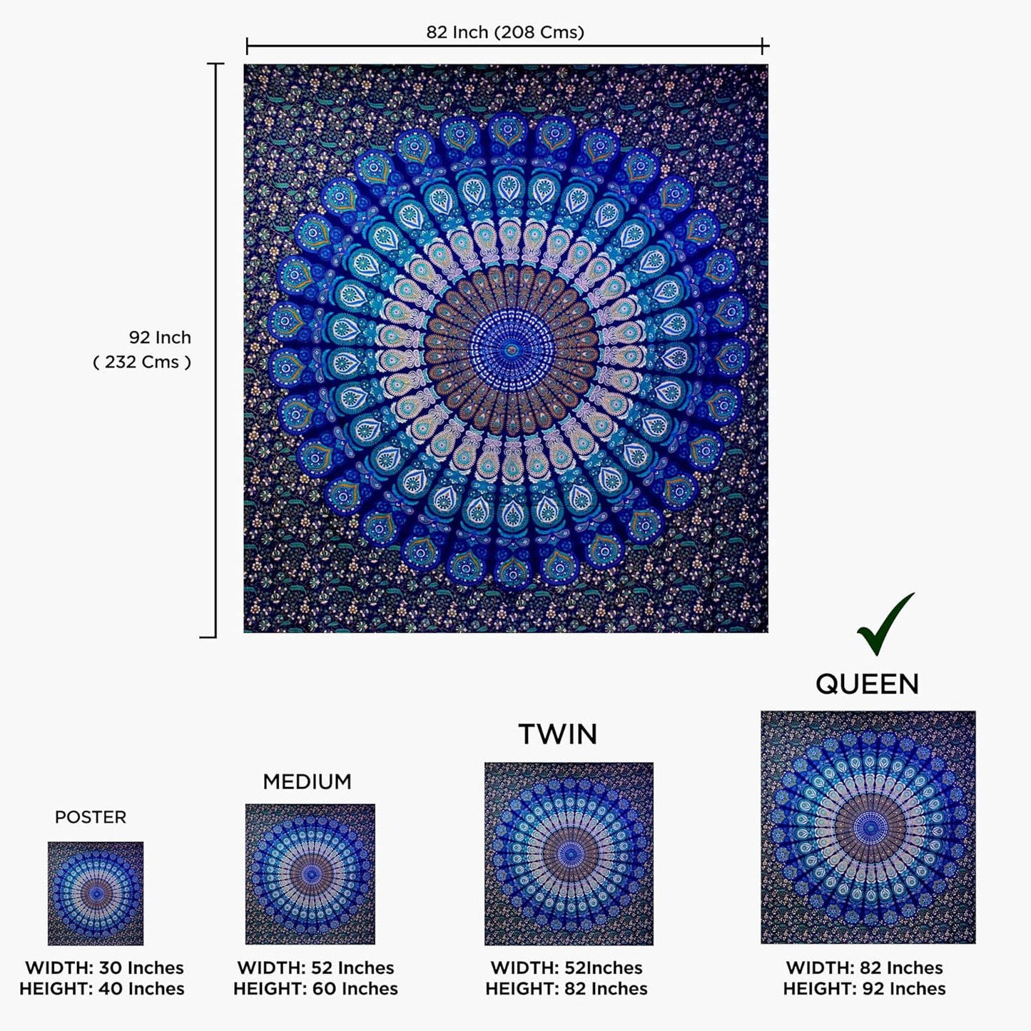 raajsee Blue Turquoise Tapestry- Best Mandala Wall Hanging- Bedding Tapestry For Bedroom Aesthetic-Size QUEEN 210 X 220 CMS