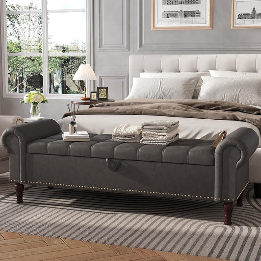 Apicizon 60”Bench with Storage, Upholstered Tufted Button Window Bench with Plenty Hidden Storage Space,Faux Leather Ottoman Bench for Bedroom, Living Room, Entryway,Gray