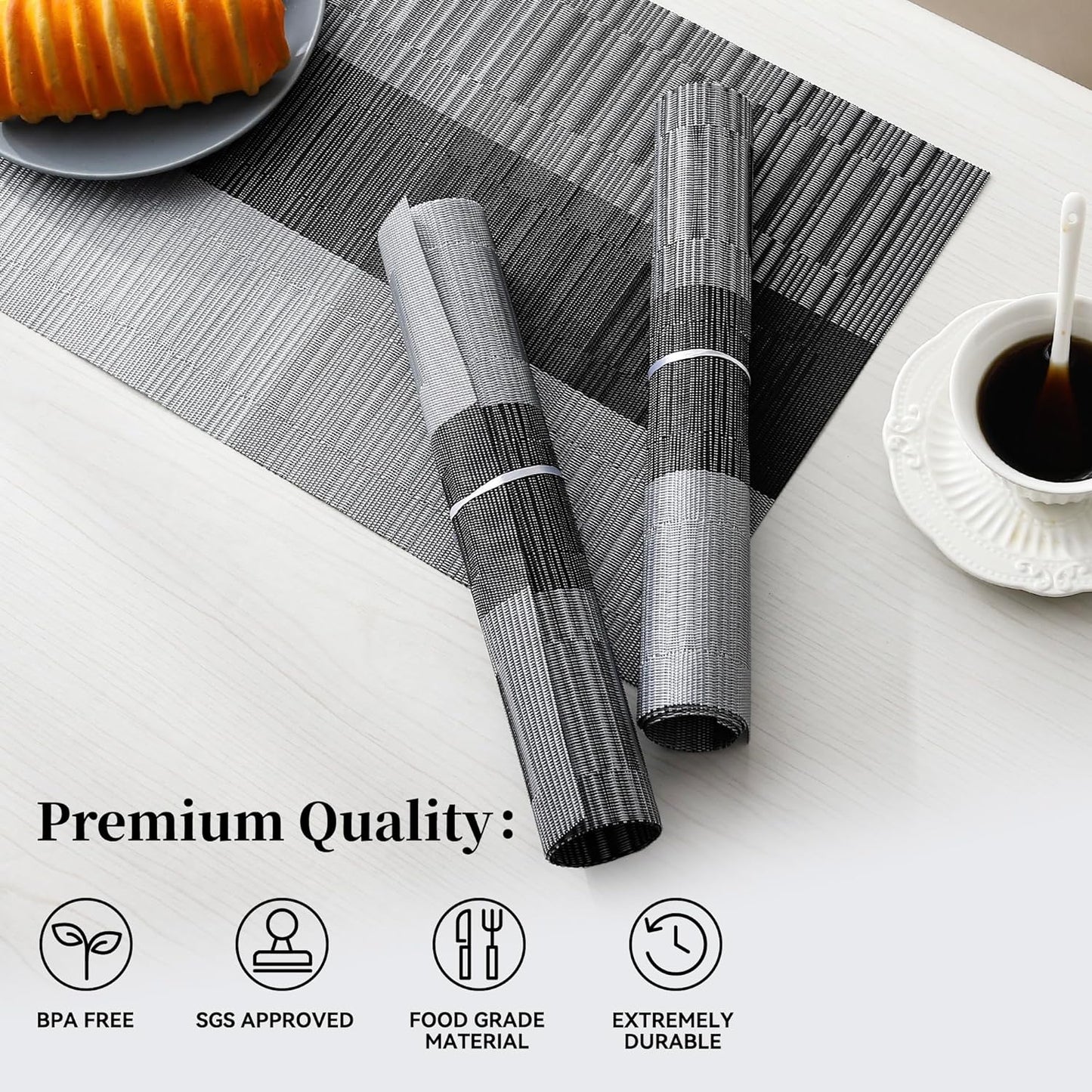 Leetaltree Grey with White Striped Placemats Set of 4 - Heat Resistant Non-Slip Place mats for Dining Table, Washable Durable PVC Vinyl Woven Table Mats(Grey Stripe, 4)